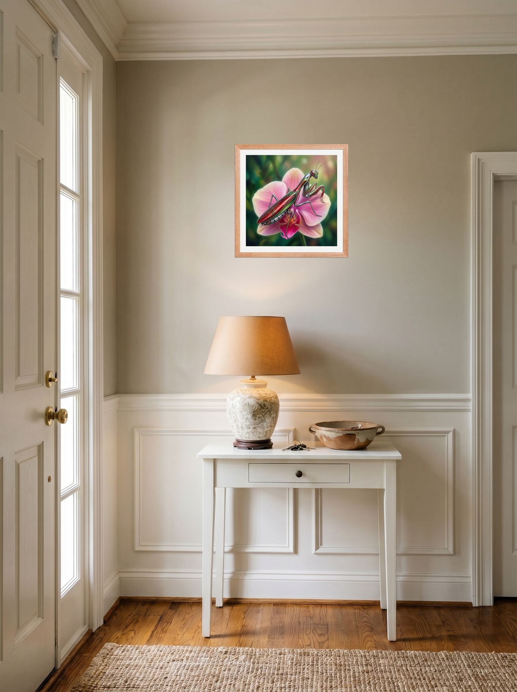 A 16x16 inch redoak framed Surrealism print of 'Chrome Mantis' hanging in an entryway near a console.