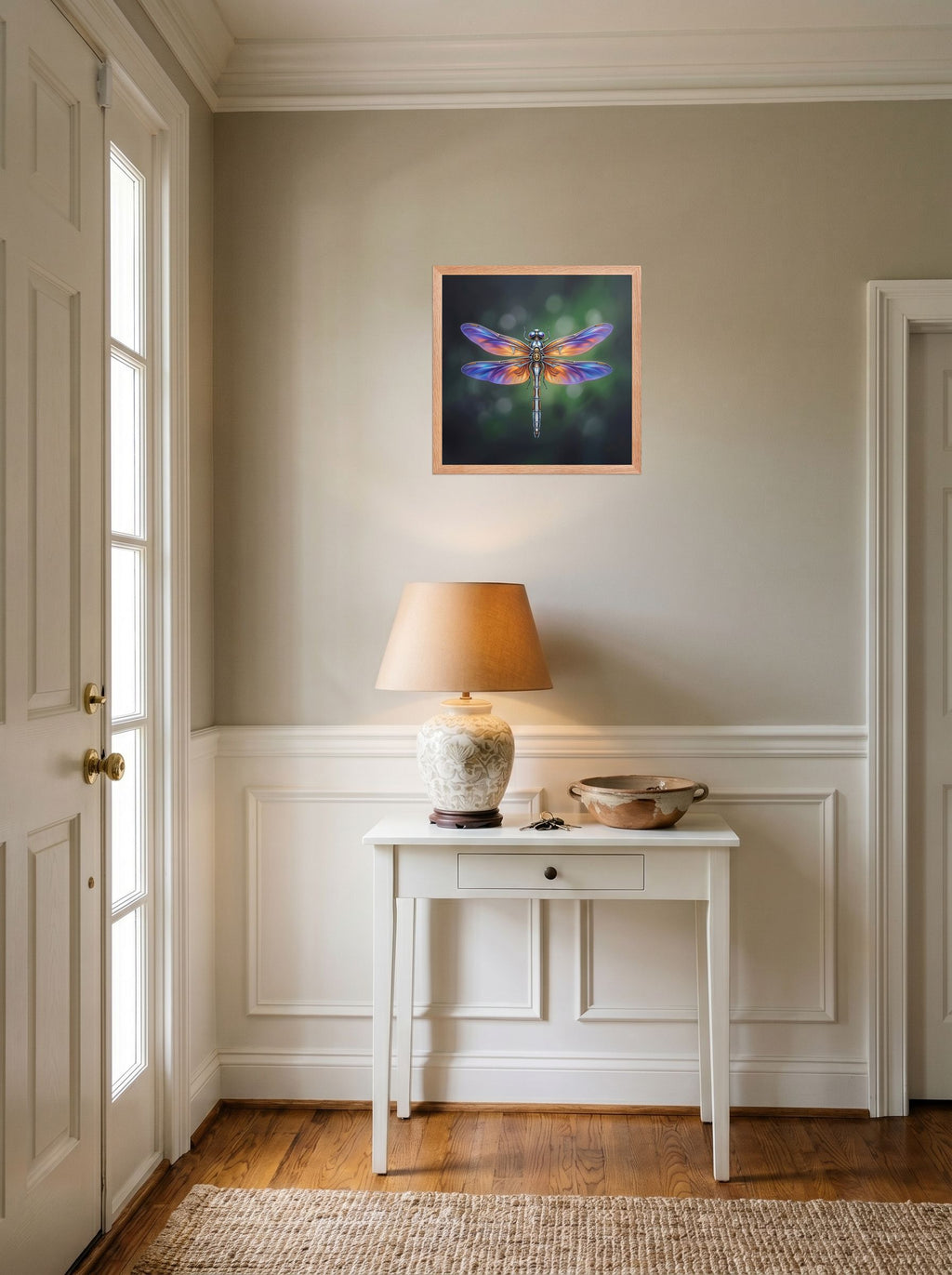A 16x16 inch redoak framed Surrealism print of 'Gears of the Dragonfly' hanging in an entryway near a console.