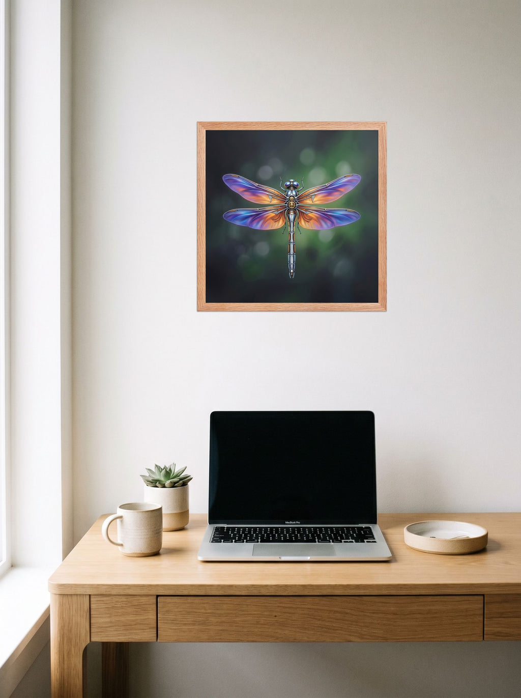 A 16x16 inch redoak framed Surrealism print of 'Gears of the Dragonfly' hanging above a worktable with a laptop.