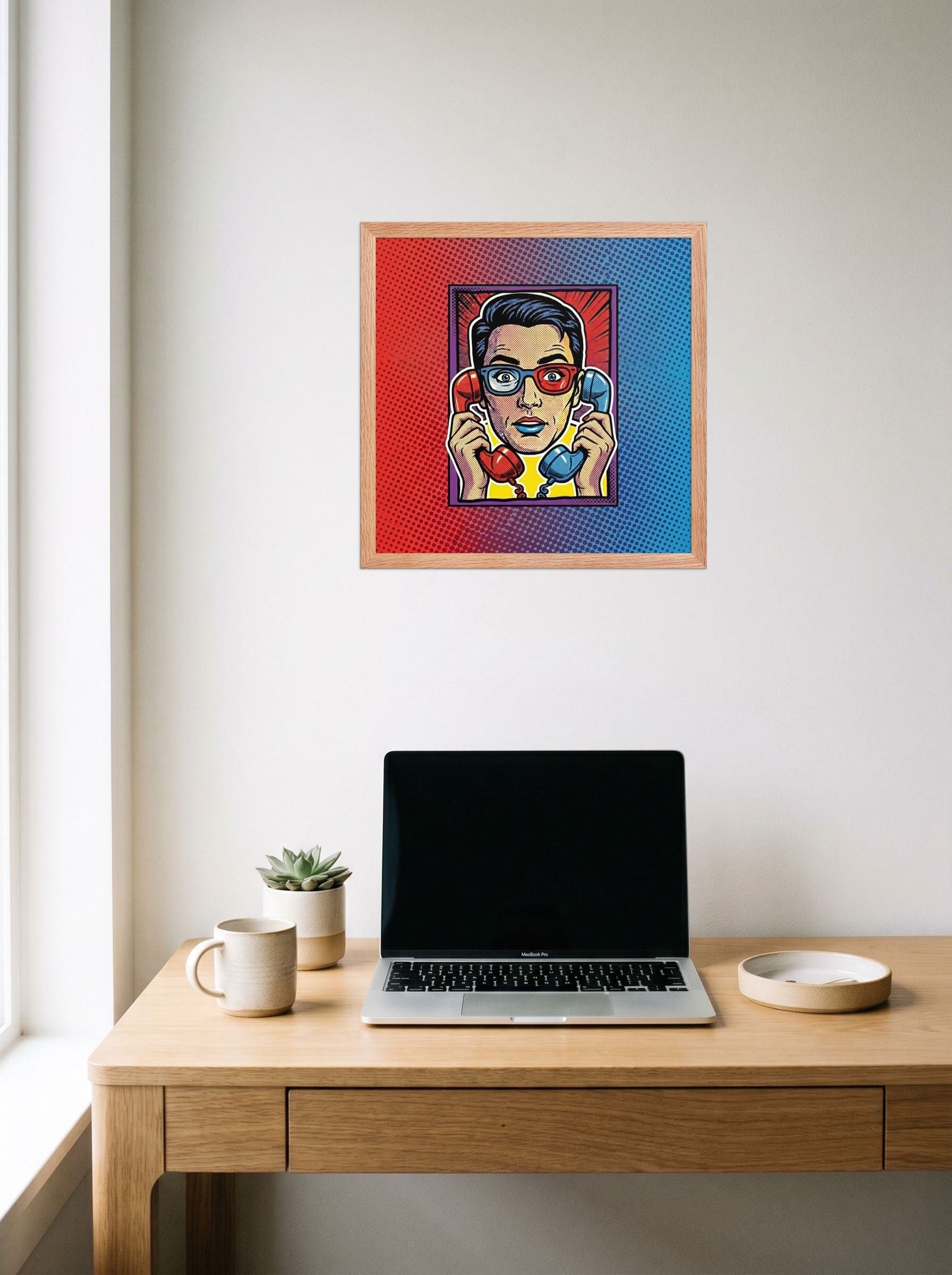 A 16x16 inch redoak framed Pop art print of 'Bipartisan Static' hanging above a worktable with a laptop.