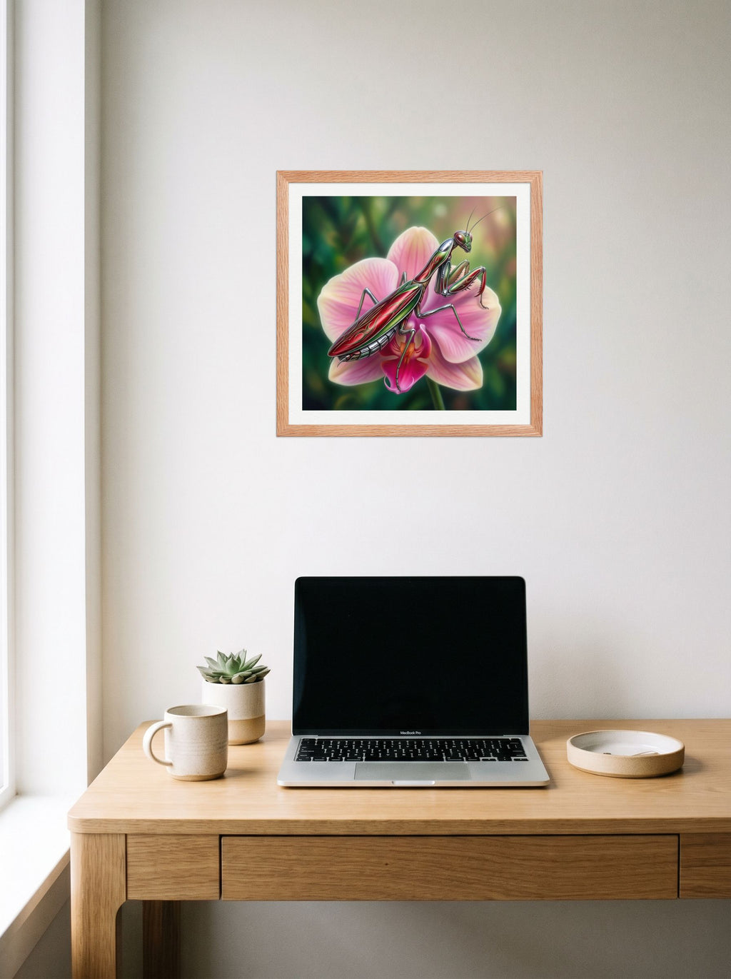 A 16x16 inch redoak framed Surrealism print of 'Chrome Mantis' hanging above a worktable with a laptop.