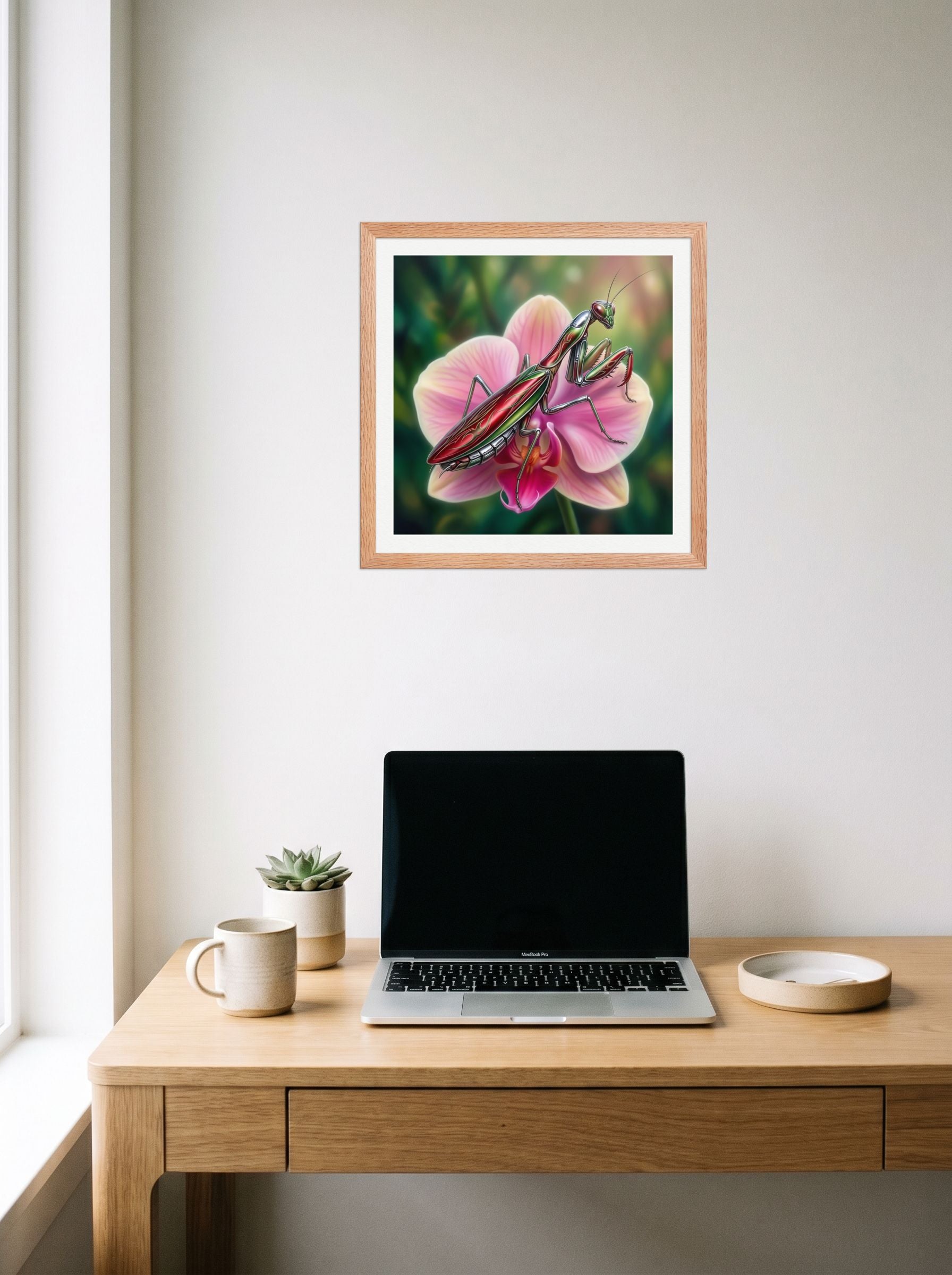 A 16x16 inch redoak framed Surrealism print of 'Chrome Mantis' hanging above a worktable with a laptop.