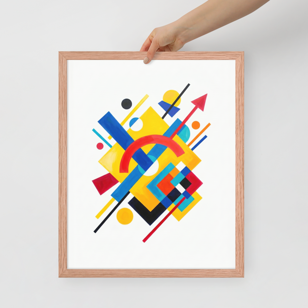 'Directional Energy' — a Suprematism print. A vivid abstract painting featuring overlapping geometric shapes like rectangles, circles, and an arrow in primary colors, a bold addition to a Living Room.