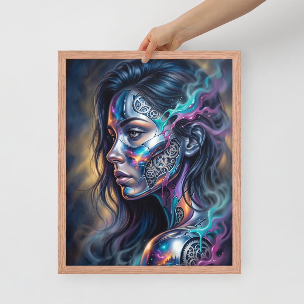 'Cosmic Clockwork' — a Surrealism print. A surreal cyberpunk portrait of a woman with gears and galaxies inside her face for a game room, framed by glowing teal and pink smoke.
