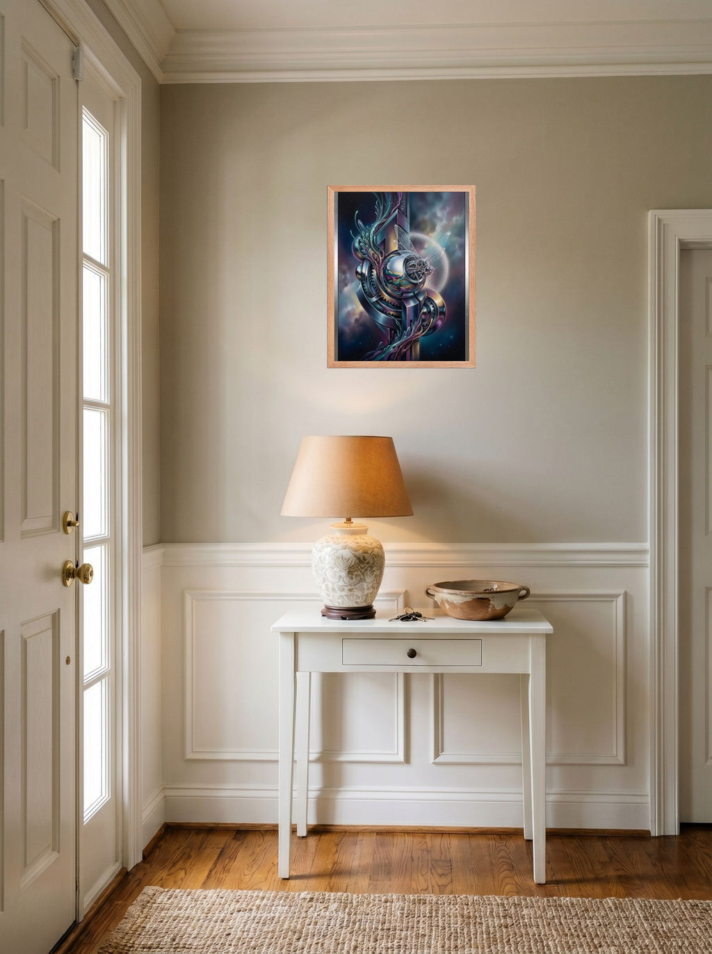 A 16x20 inch redoak framed Surrealism print of 'The Clockwork Aviator' hanging in an entryway near a console.