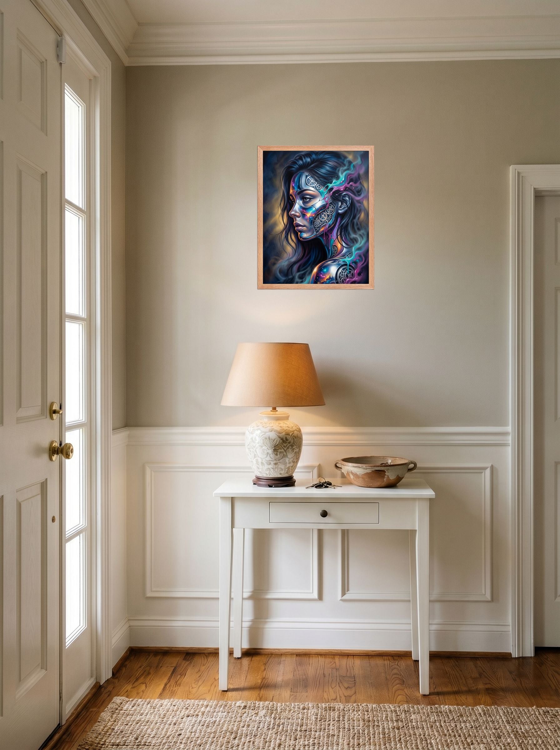 A 16x20 inch redoak framed Surrealism print of 'Cosmic Clockwork' hanging in an entryway near a console.