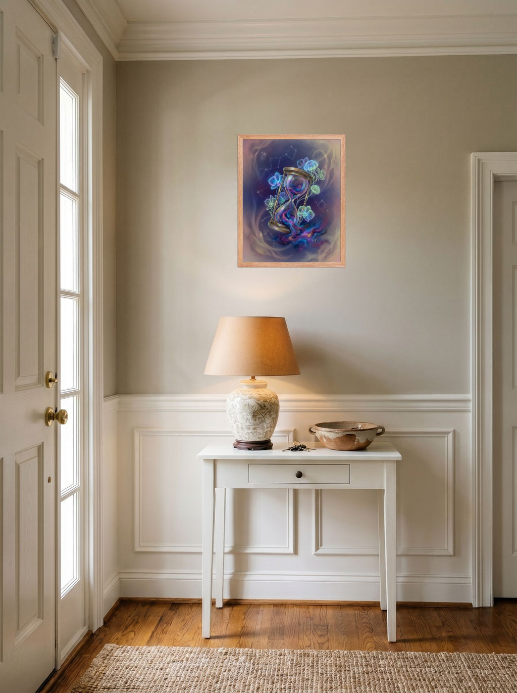 A 16x20 inch redoak framed Magic realism print of 'Sands of the Nebula' hanging in an entryway near a console.