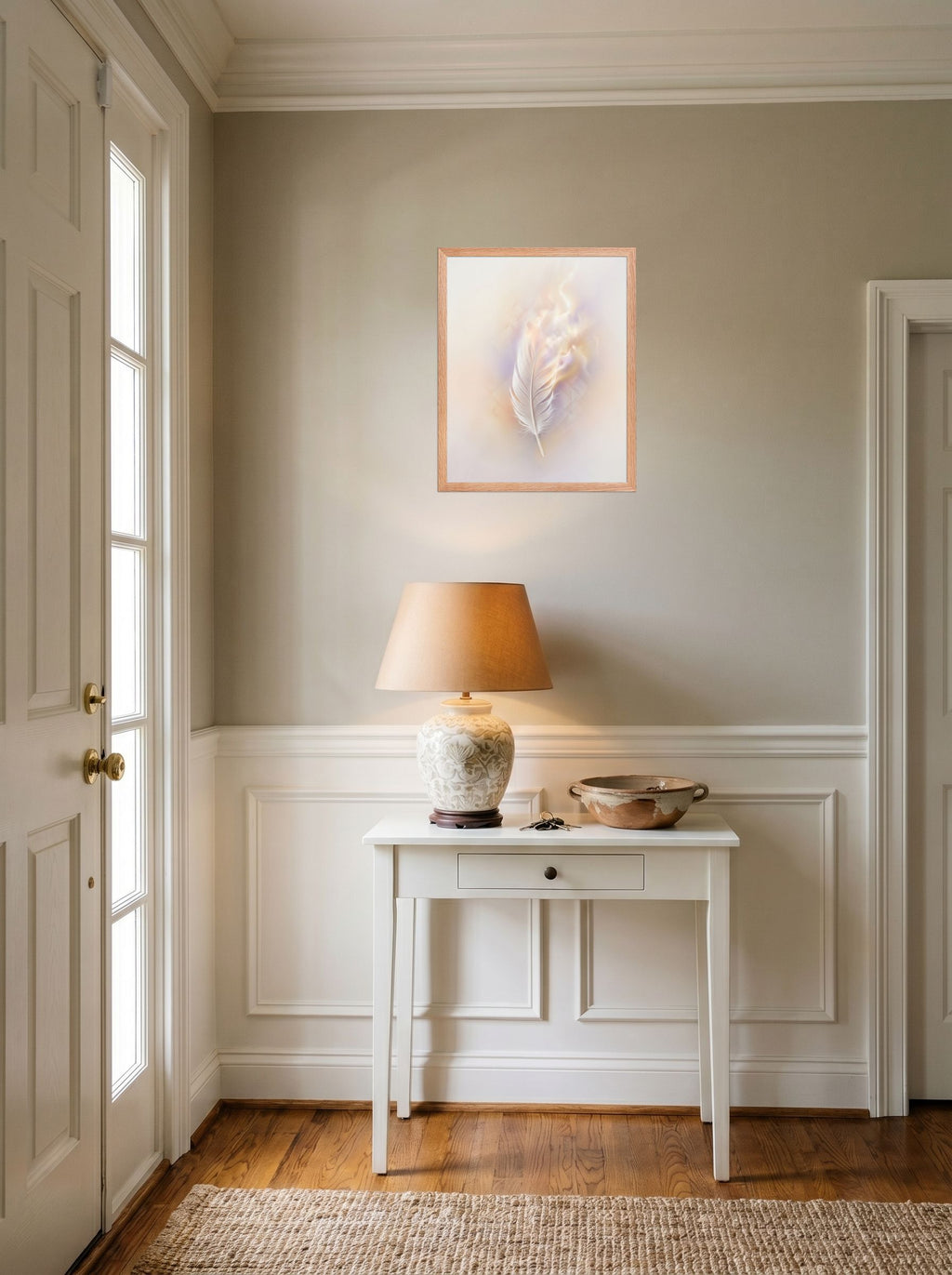 A 16x20 inch redoak framed Abstract art print of 'Ethereal Plume' hanging in an entryway near a console.