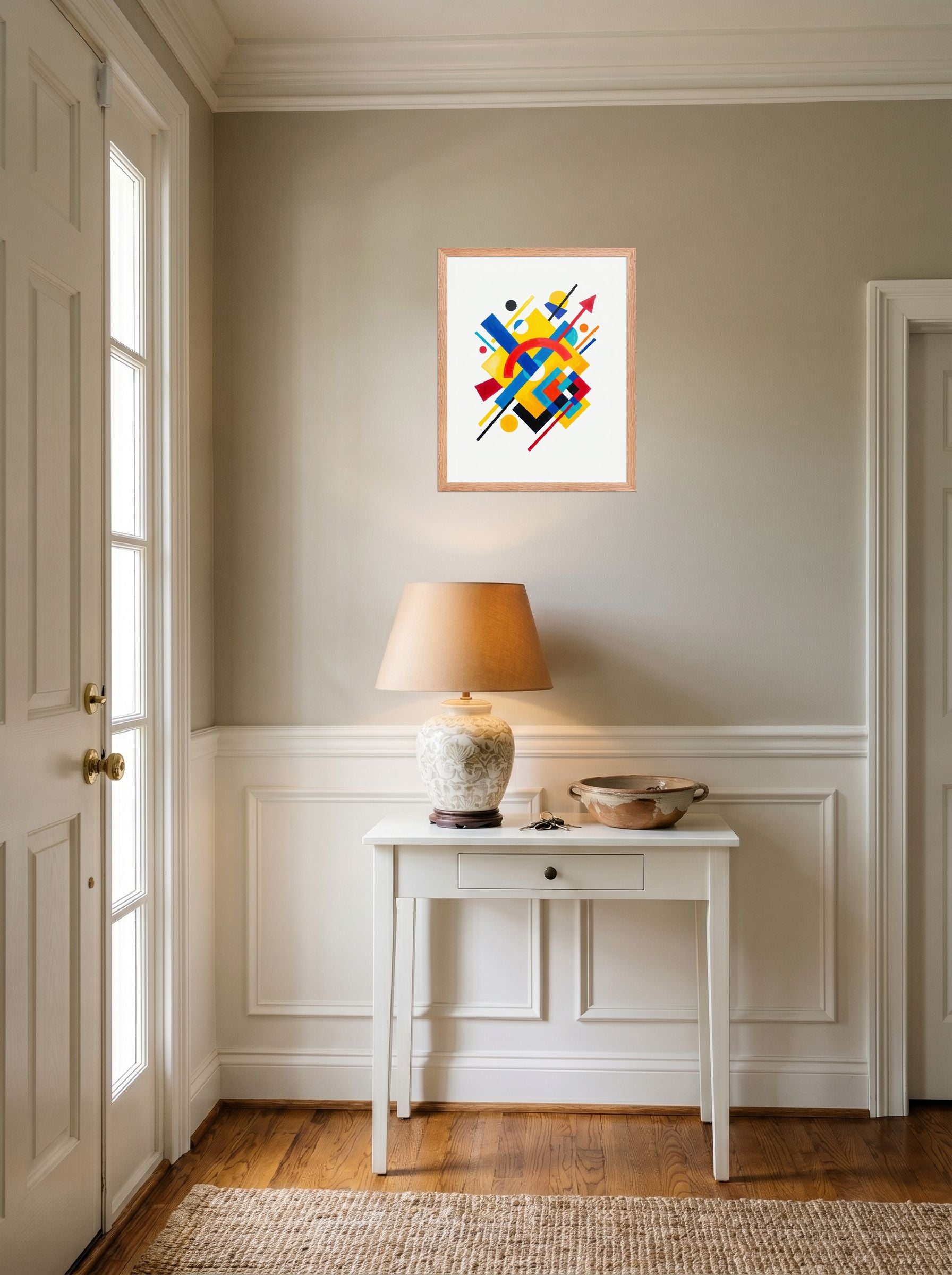 A 16x20 inch redoak framed Suprematism print of 'Directional Energy' hanging in an entryway near a console.