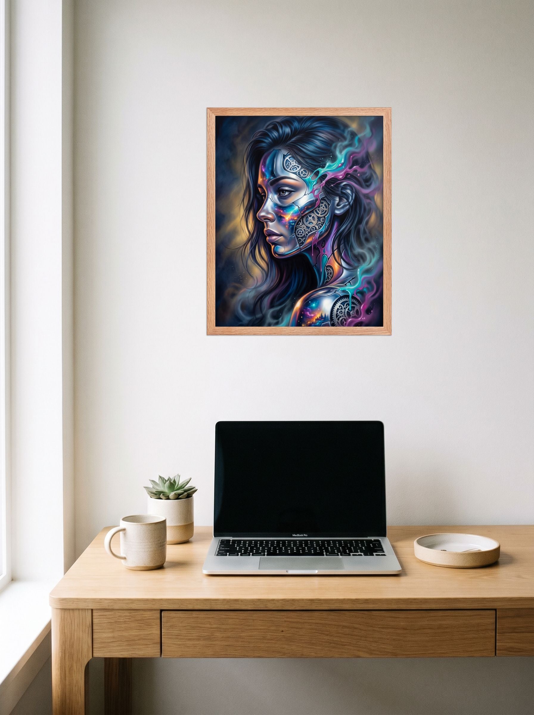 A 16x20 inch redoak framed Surrealism print of 'Cosmic Clockwork' hanging above a worktable with a laptop.