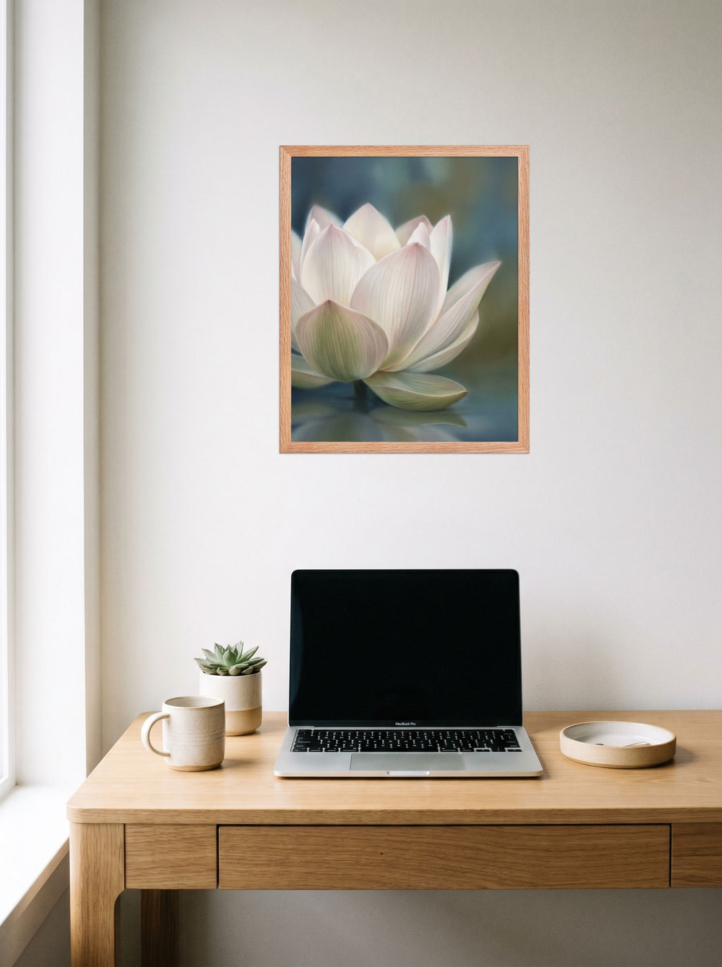 A 16x20 inch redoak framed Realism print of 'Serene Lotus Reflection' hanging above a worktable with a laptop.