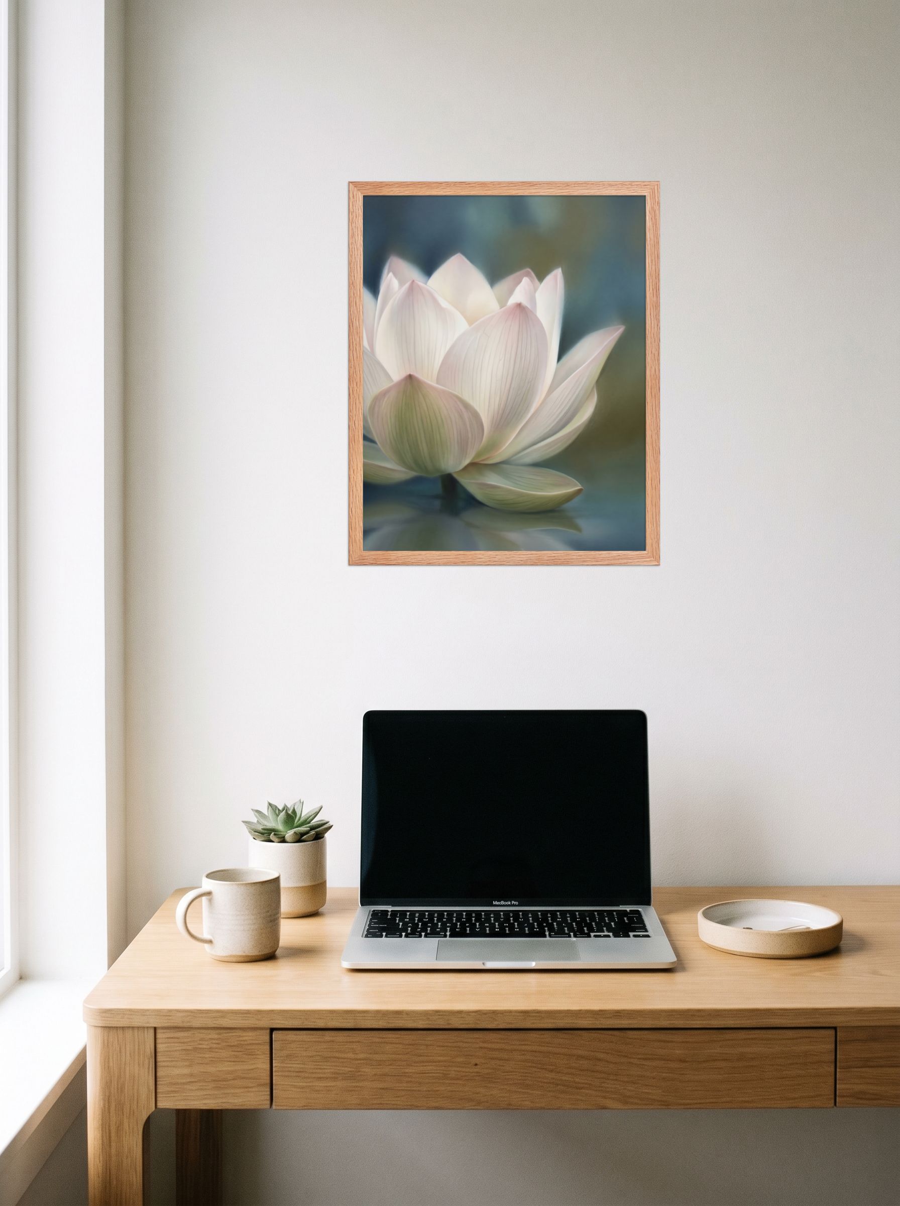 A 16x20 inch redoak framed Realism print of 'Serene Lotus Reflection' hanging above a worktable with a laptop.
