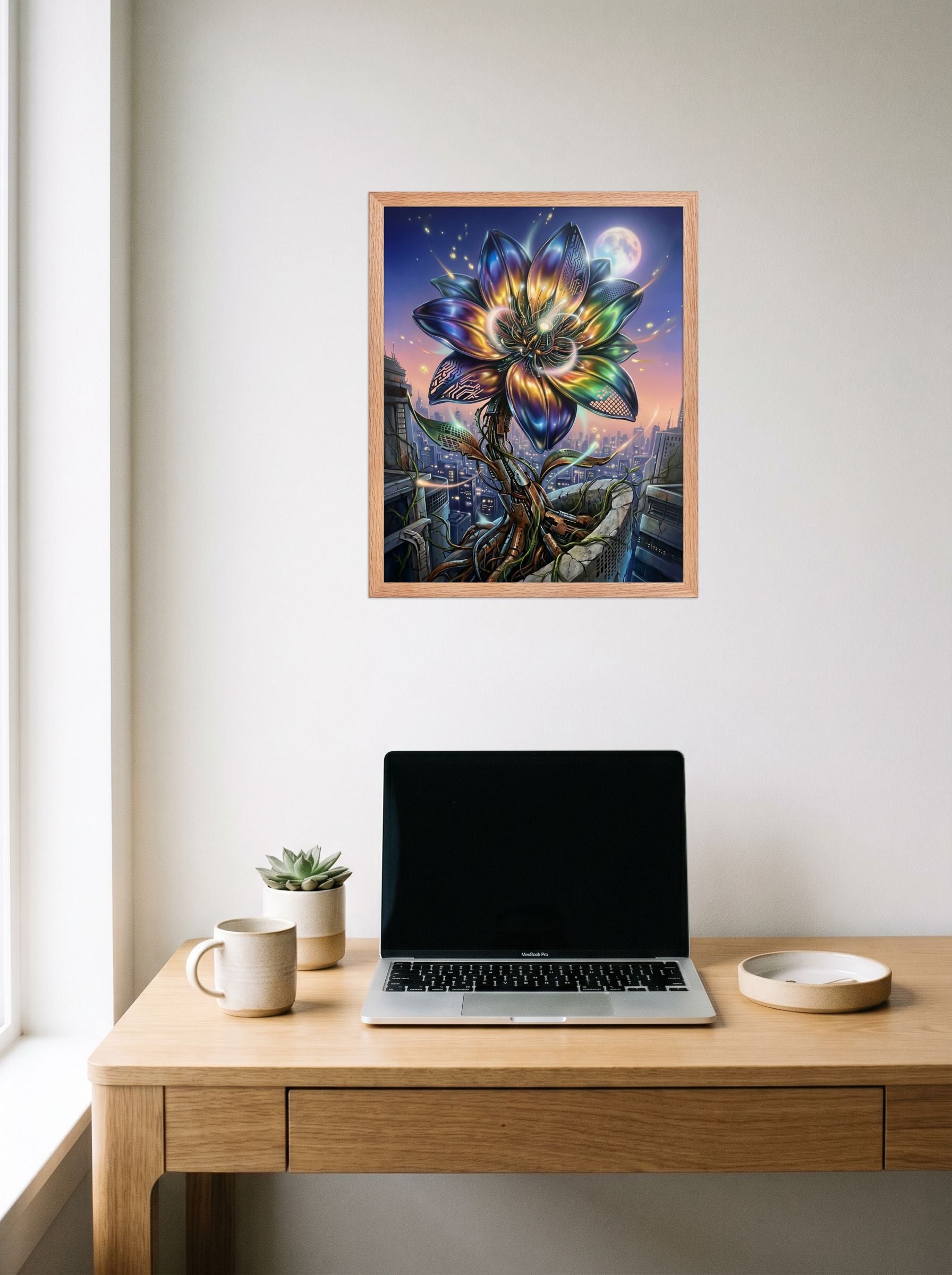 A 16x20 inch redoak framed Digital art print of 'Cybernetic Bloom' hanging above a worktable with a laptop.