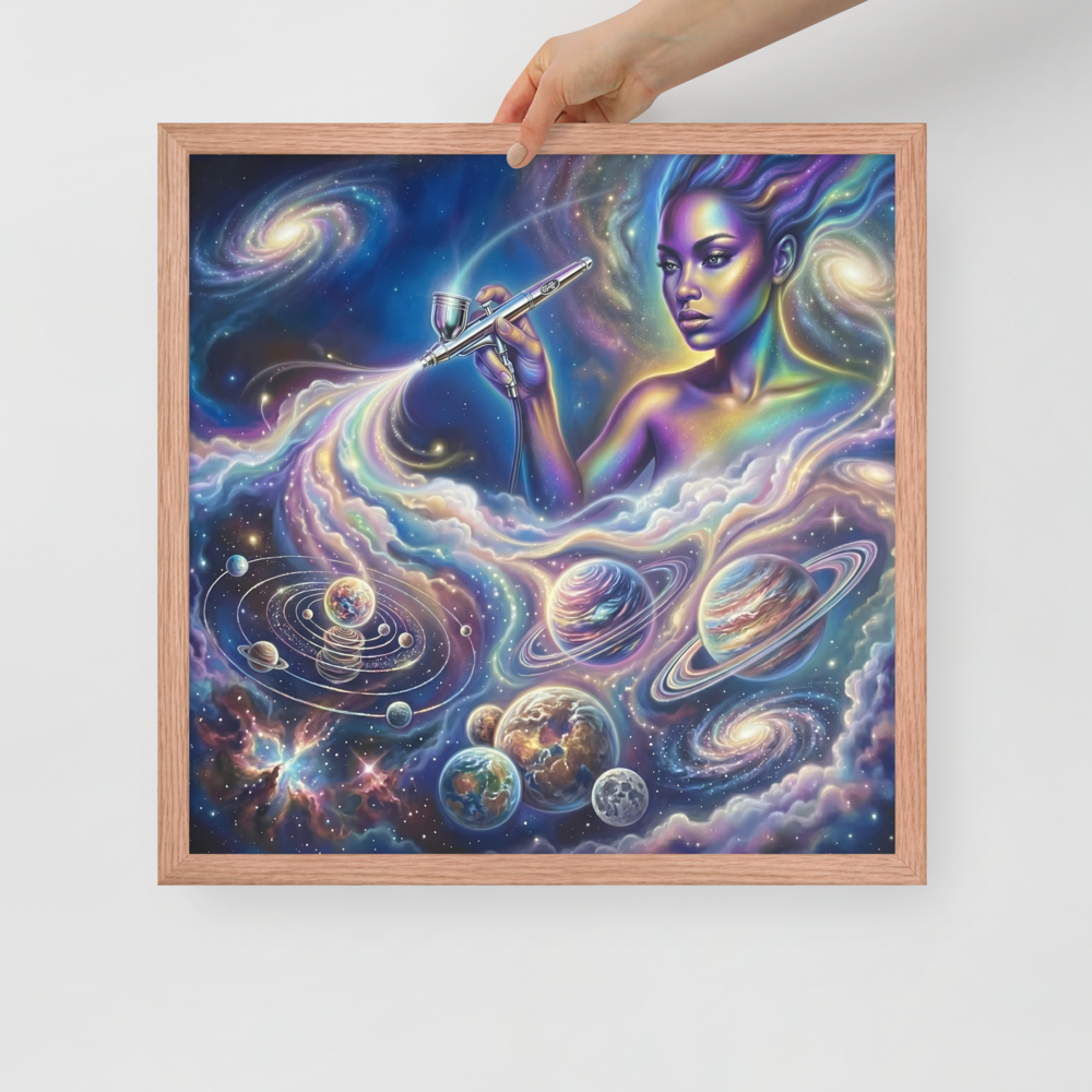 'The Cosmic Painter' — a Space art print. A glowing, ethereal woman painting planets and galaxies into a vibrant cosmic sky using an airbrush, a stunning focal point for a Bedroom.