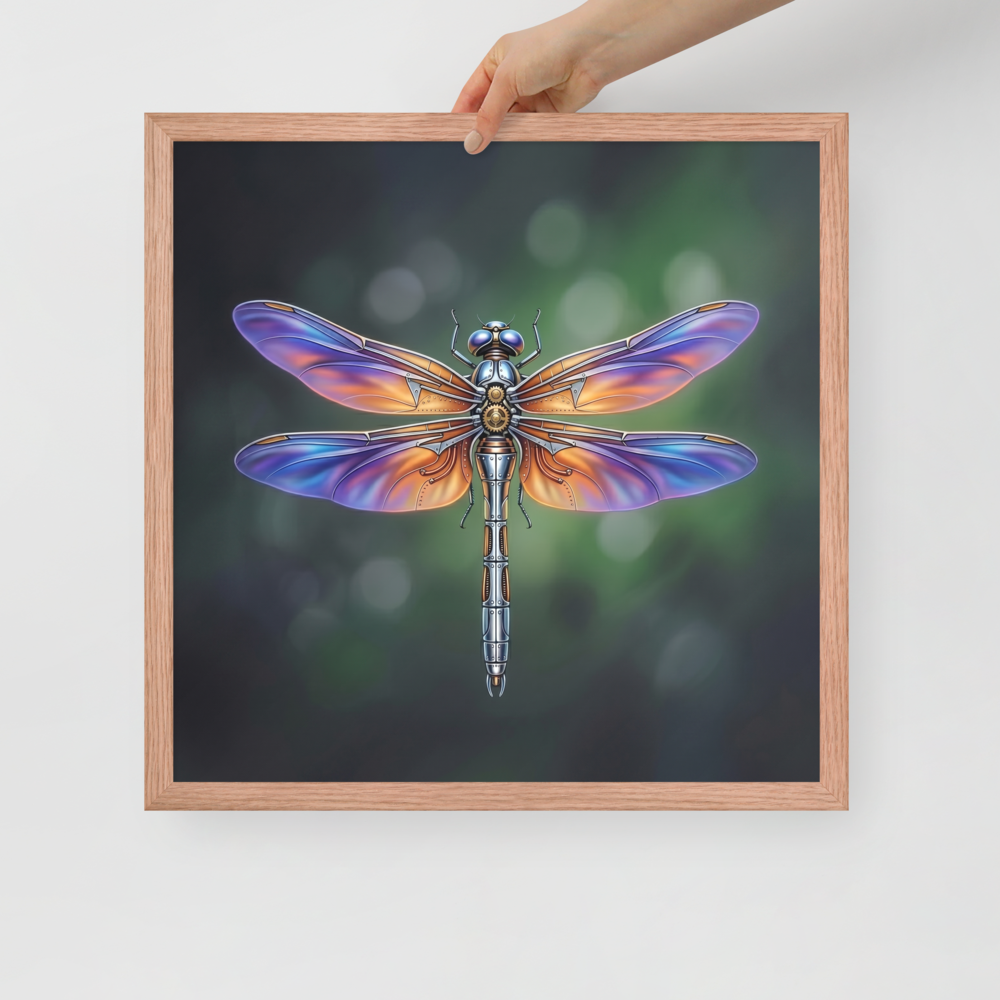 'Gears of the Dragonfly' — a Surrealism print. A highly detailed mechanical dragonfly with glowing purple and orange wings and brass gears on its back, set against a dark green background, perfect for a Living Room.