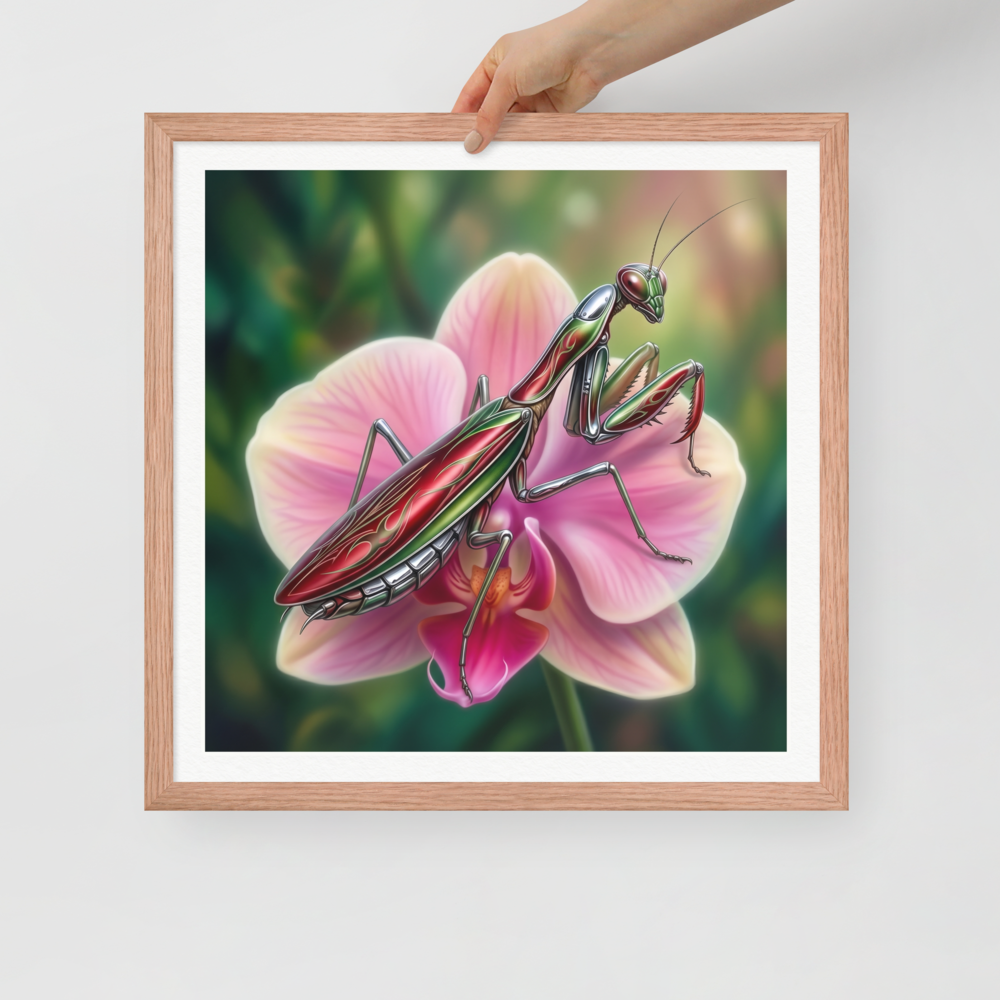 'Chrome Mantis' — a Surrealism print. A vibrant illustration of a metallic praying mantis painted like a hot rod in cherry red and chrome sitting on a pink orchid, perfect for a studio.