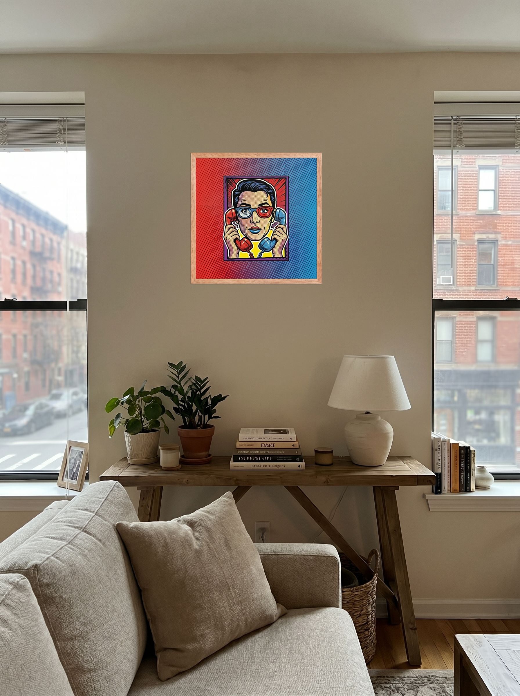 A 18x18 inch redoak framed Pop art print of 'Bipartisan Static' displayed in the center of a living room.