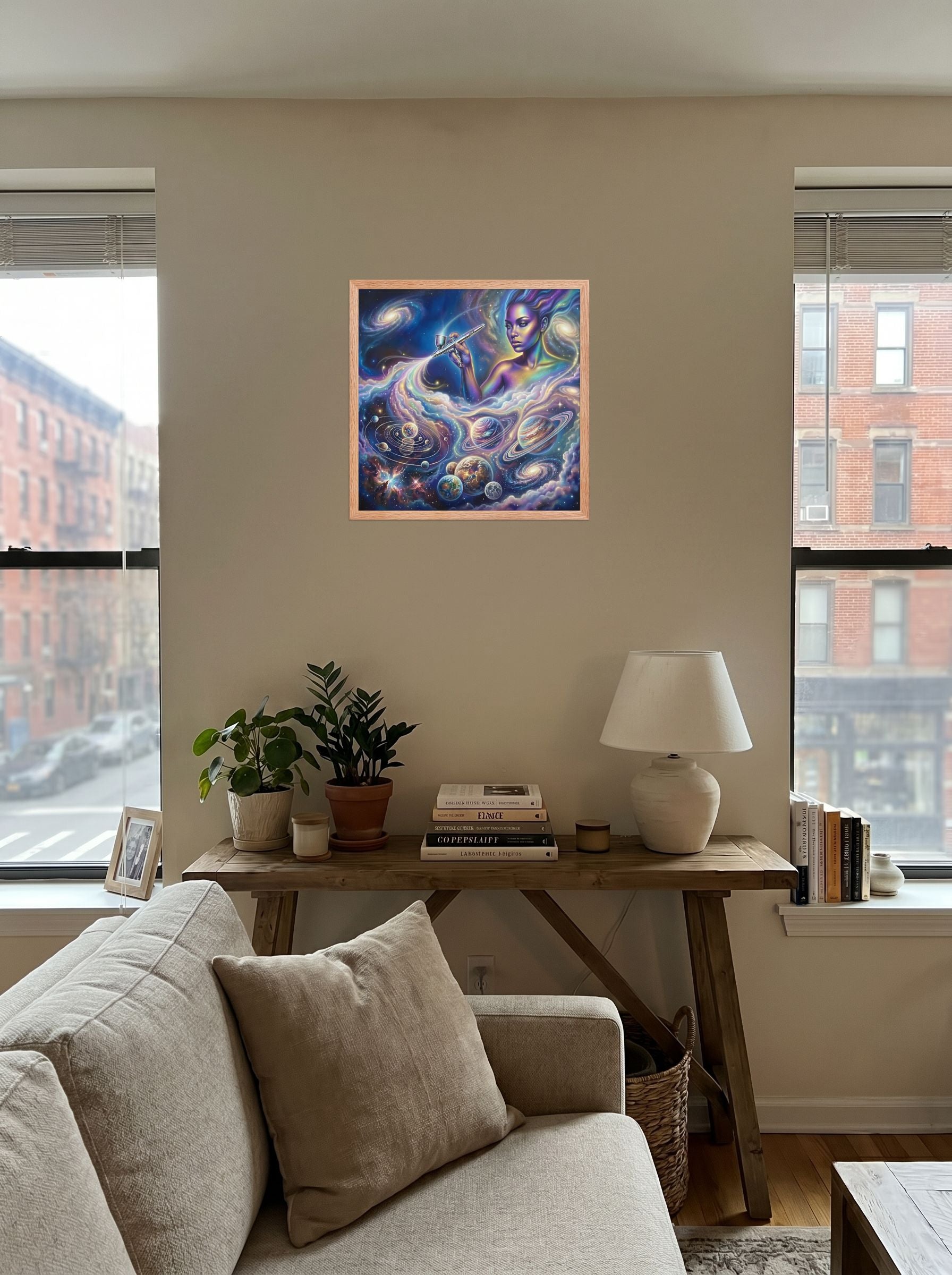 A 18x18 inch redoak framed Space art print of 'The Cosmic Painter' displayed in the center of a living room.