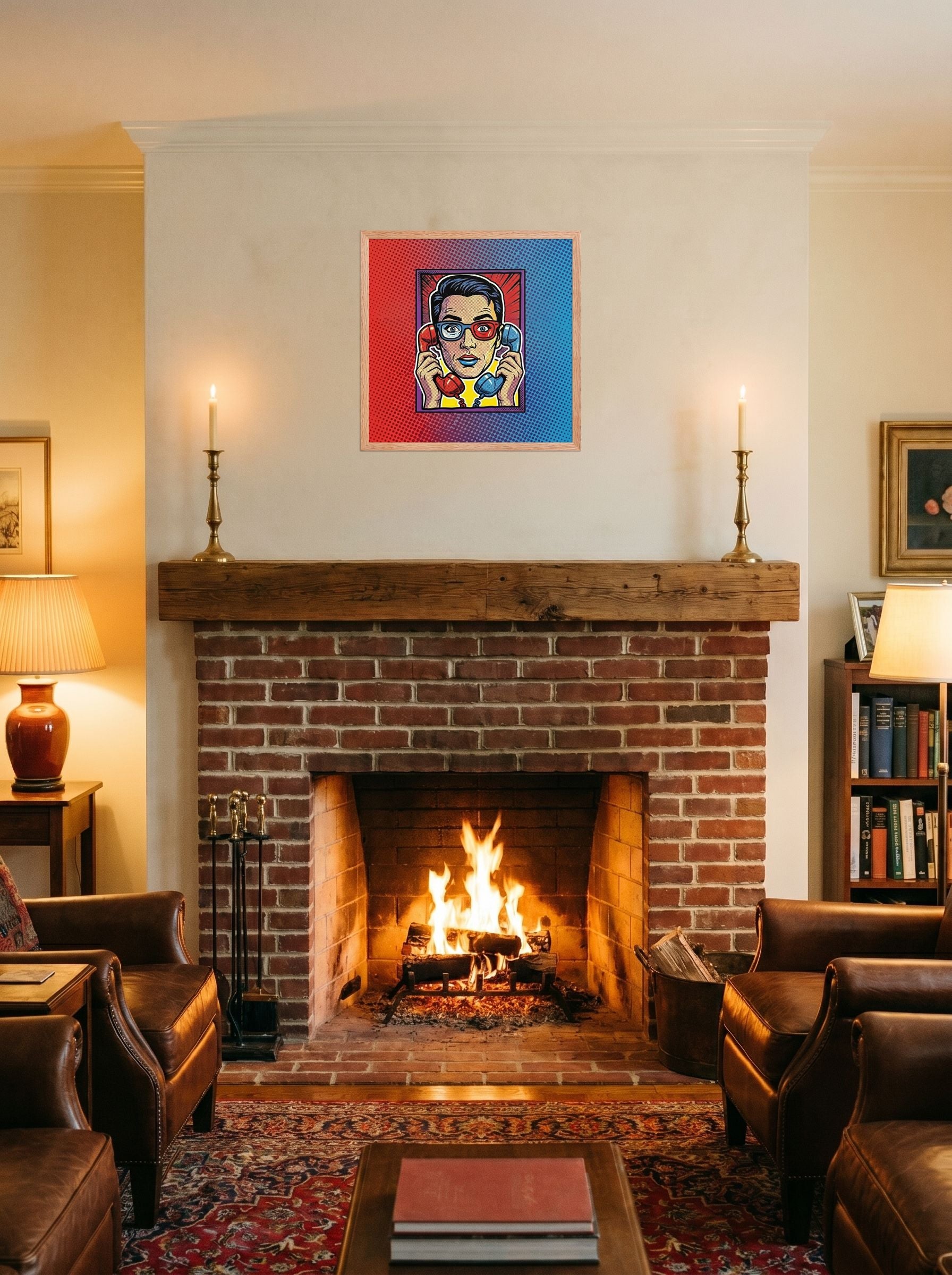 A 18x18 inch redoak framed Pop art print of 'Bipartisan Static' displayed above a fireplace.
