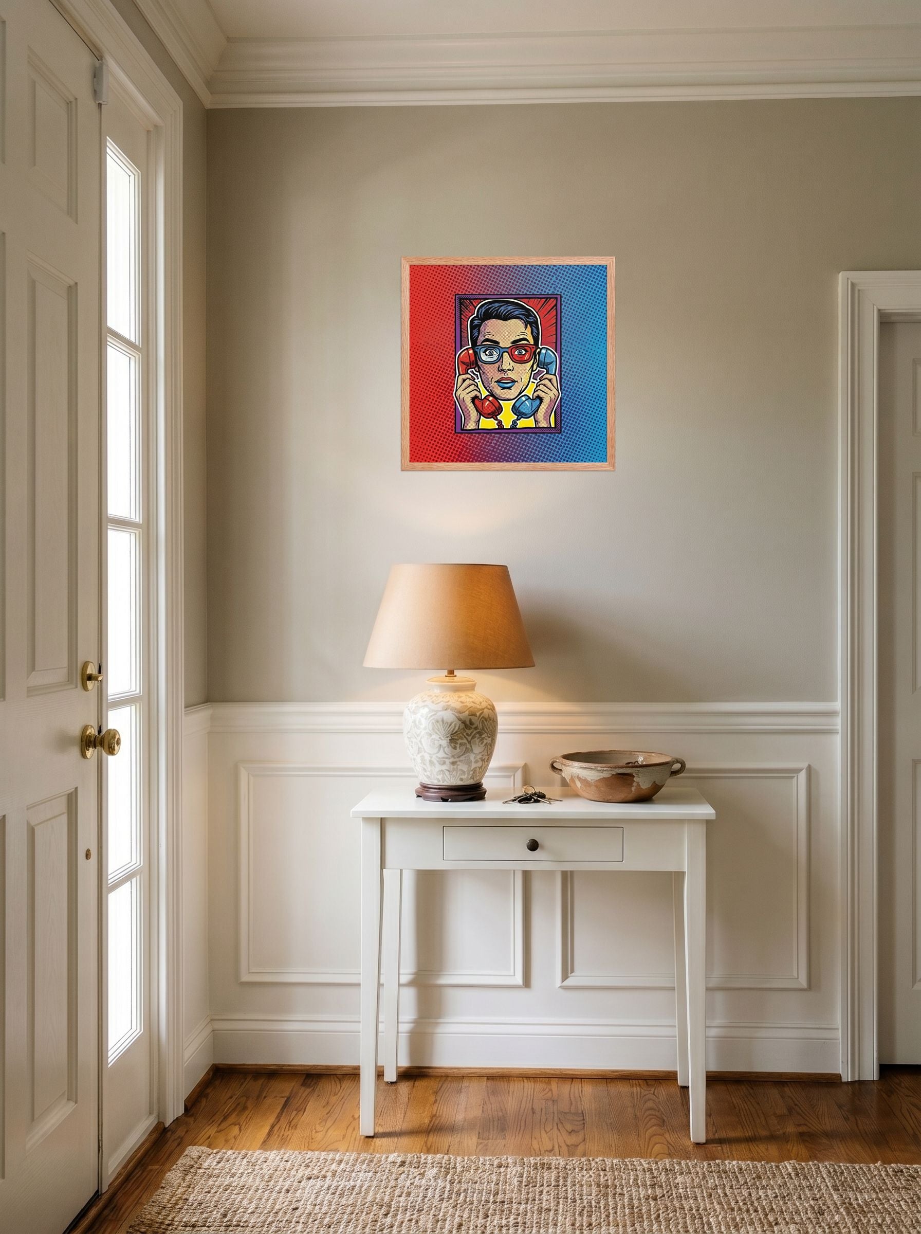 A 18x18 inch redoak framed Pop art print of 'Bipartisan Static' hanging in an entryway near a console.