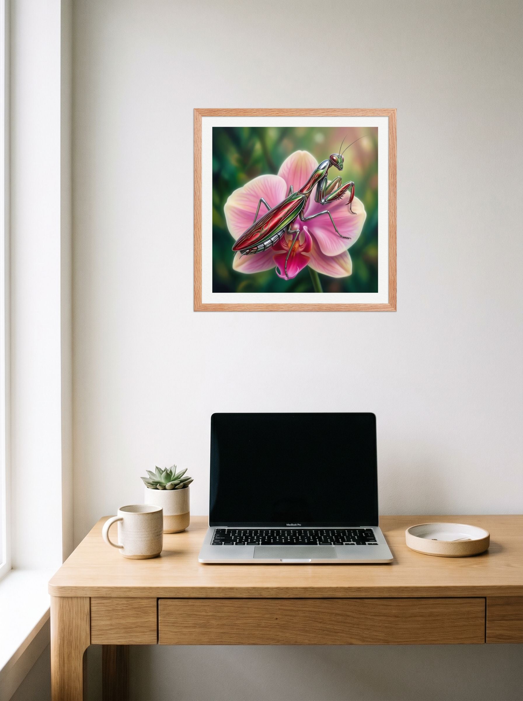 A 18x18 inch redoak framed Surrealism print of 'Chrome Mantis' hanging above a worktable with a laptop.
