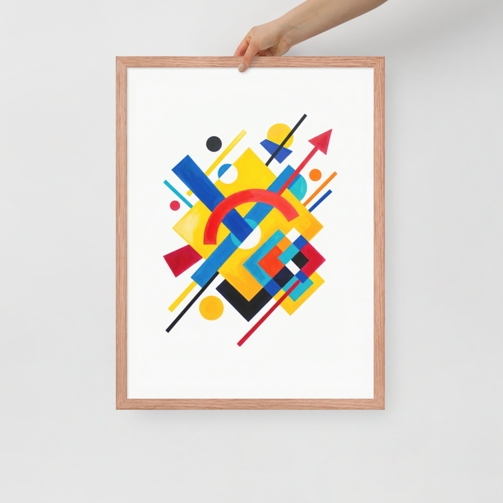 'Directional Energy' — a Suprematism print. A vivid abstract painting featuring overlapping geometric shapes like rectangles, circles, and an arrow in primary colors, a bold addition to a Living Room.