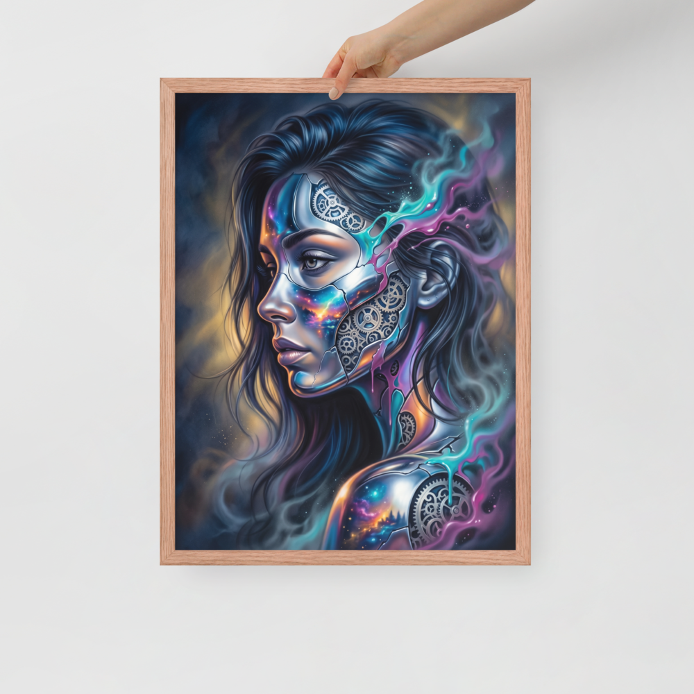 'Cosmic Clockwork' — a Surrealism print. A surreal cyberpunk portrait of a woman with gears and galaxies inside her face for a game room, framed by glowing teal and pink smoke.
