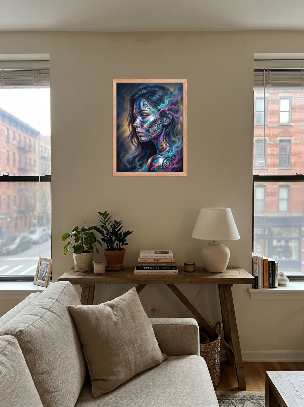 A 18x24 inch redoak framed Surrealism print of 'Cosmic Clockwork' displayed in the center of a living room.