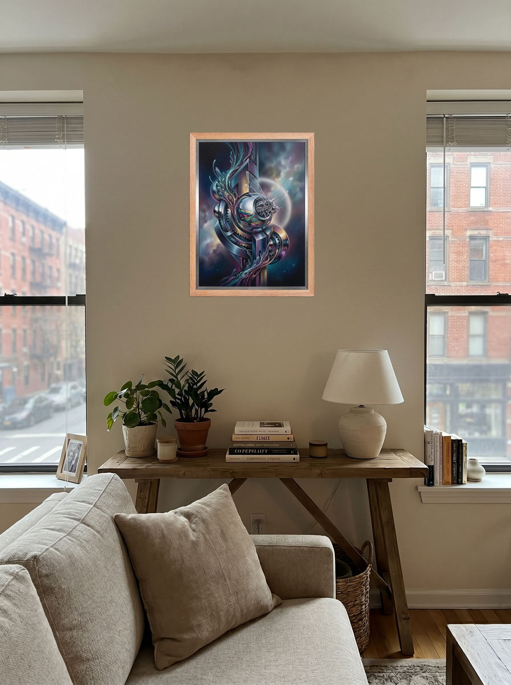 A 18x24 inch redoak framed Surrealism print of 'The Clockwork Aviator' displayed in the center of a living room.