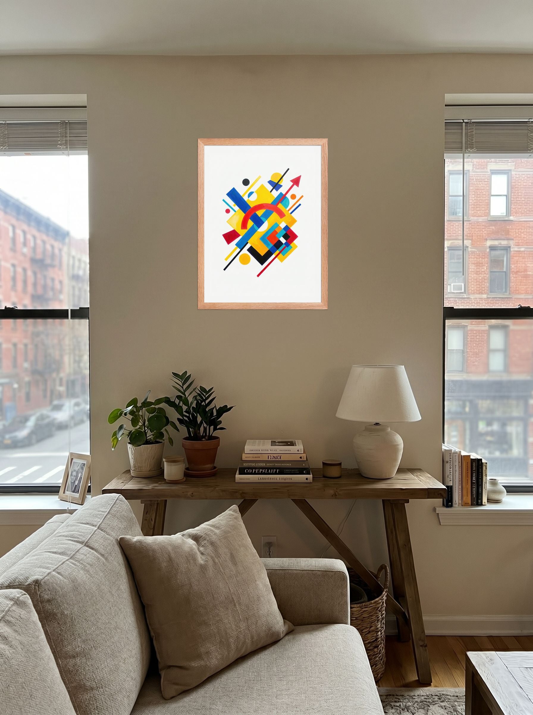 A 18x24 inch redoak framed Suprematism print of 'Directional Energy' displayed in the center of a living room.