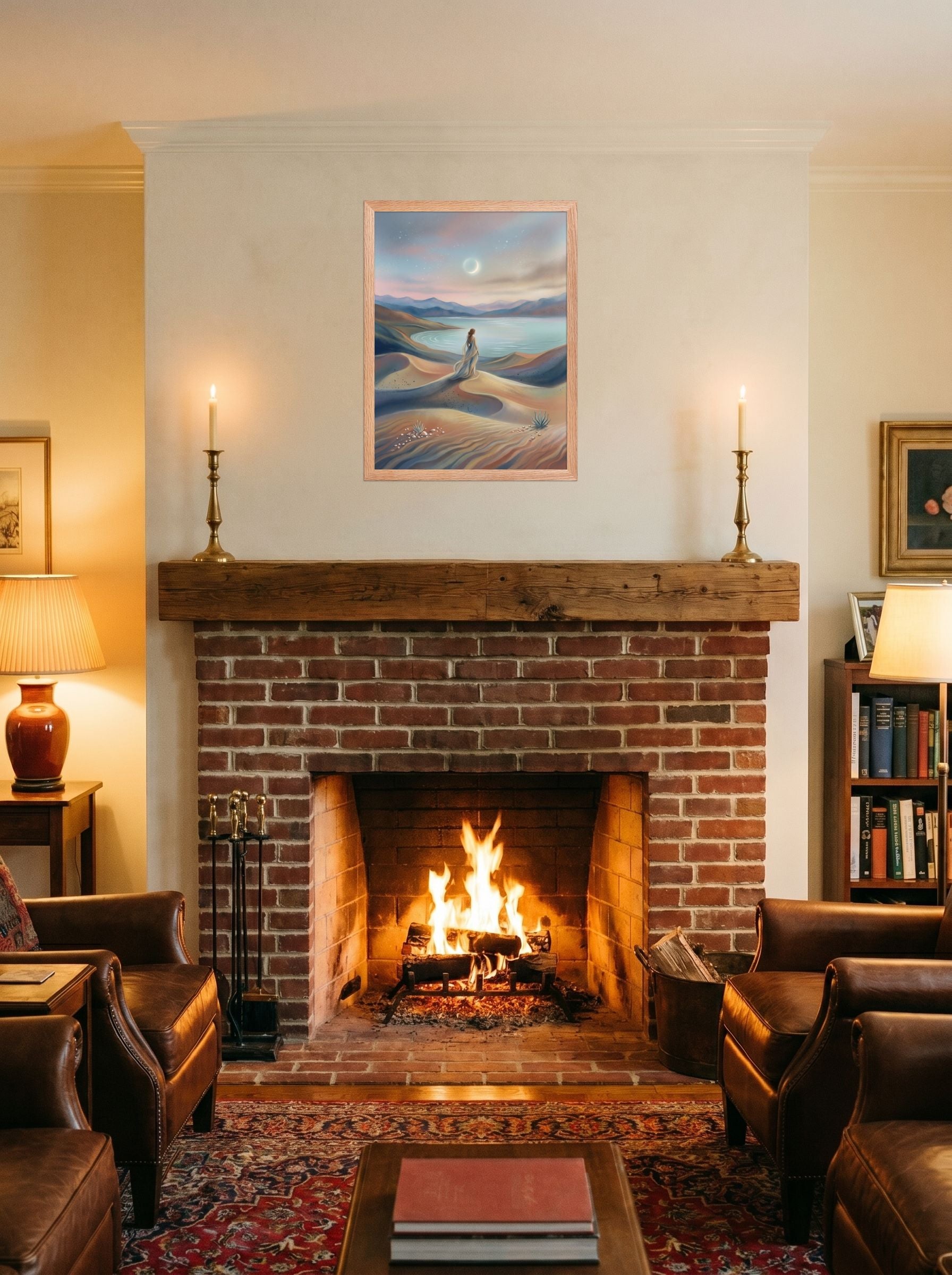 A 18x24 inch redoak framed Magic realism print of 'Desert Moonrise' displayed above a fireplace.
