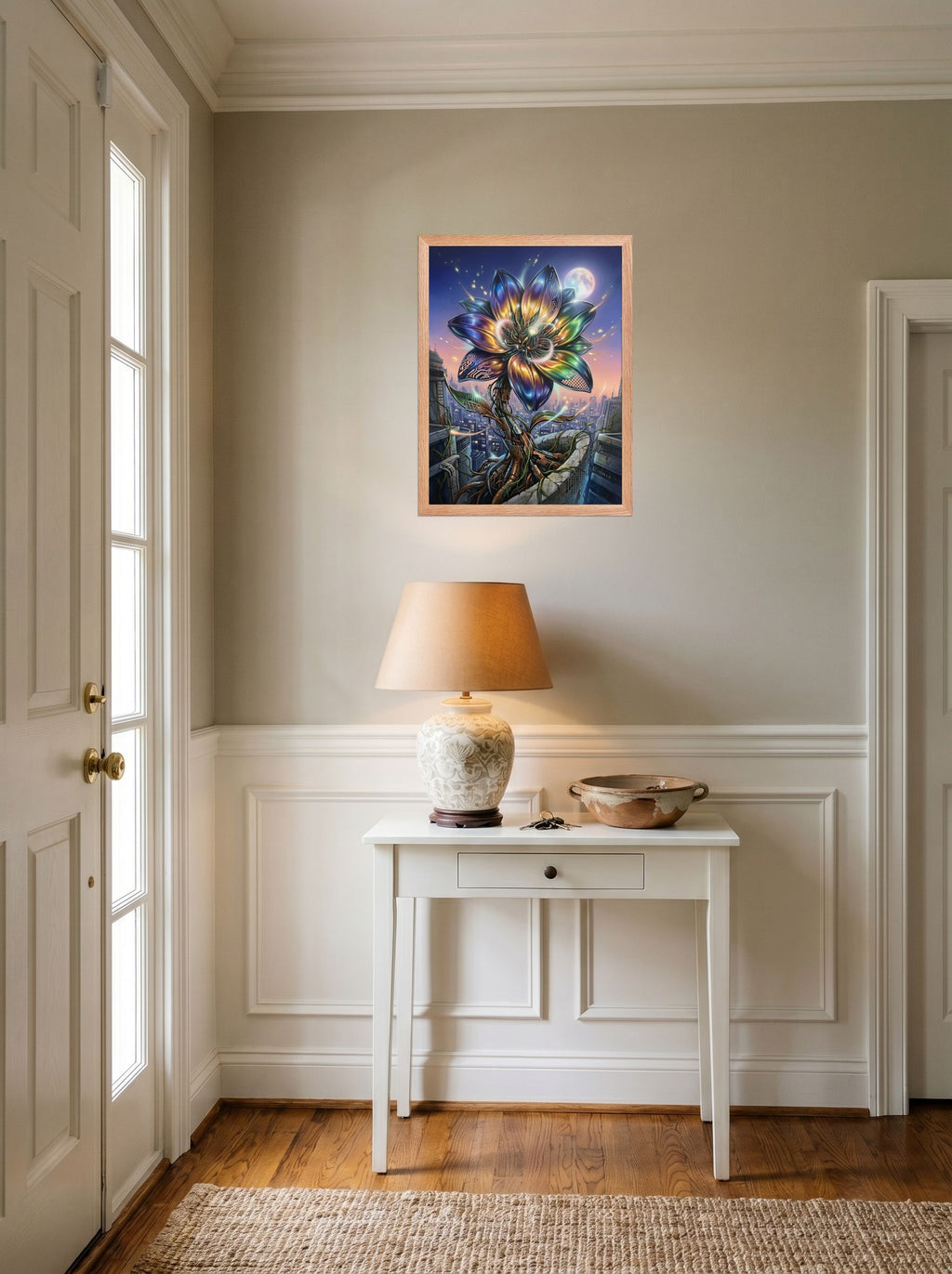 A 18x24 inch redoak framed Digital art print of 'Cybernetic Bloom' hanging in an entryway near a console.