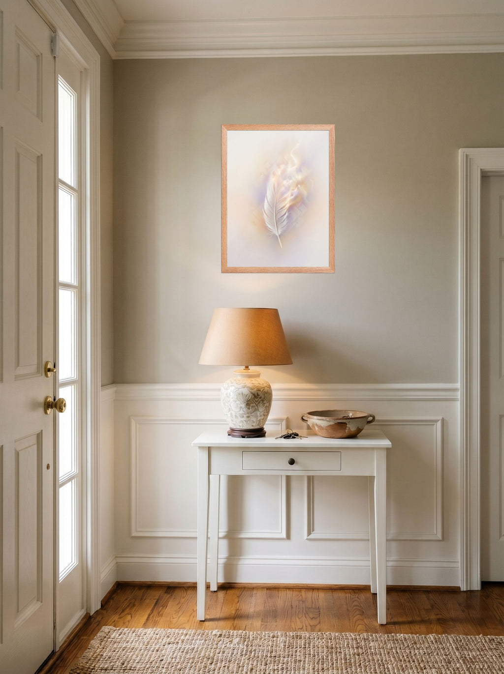 A 18x24 inch redoak framed Abstract art print of 'Ethereal Plume' hanging in an entryway near a console.