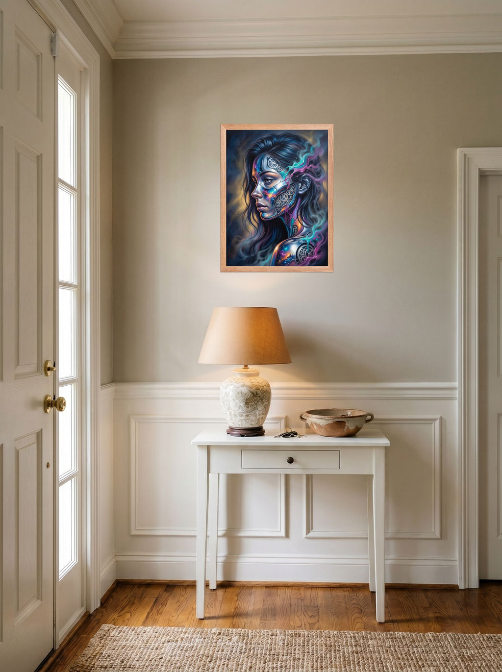 A 18x24 inch redoak framed Surrealism print of 'Cosmic Clockwork' hanging in an entryway near a console.