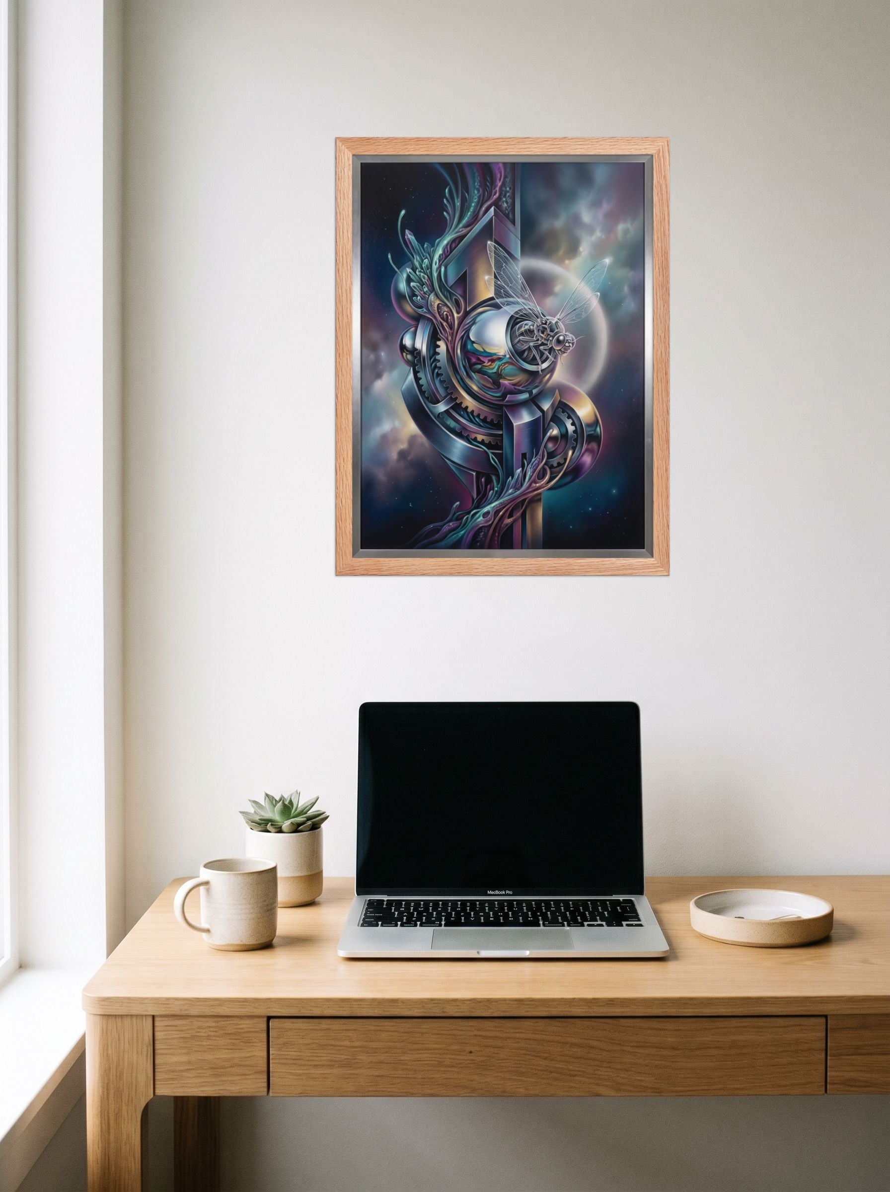 A 18x24 inch redoak framed Surrealism print of 'The Clockwork Aviator' hanging above a worktable with a laptop.