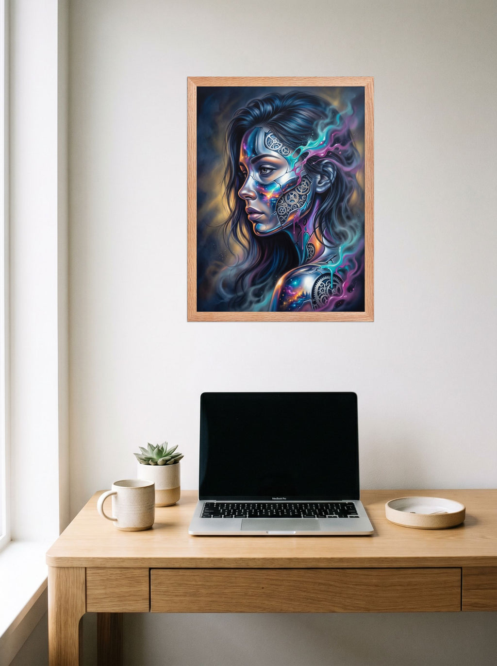 A 18x24 inch redoak framed Surrealism print of 'Cosmic Clockwork' hanging above a worktable with a laptop.