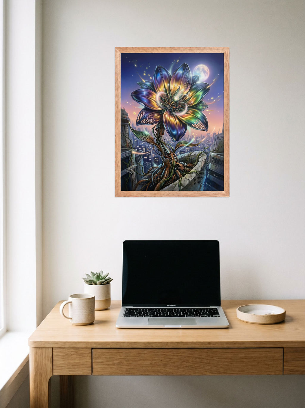 A 18x24 inch redoak framed Digital art print of 'Cybernetic Bloom' hanging above a worktable with a laptop.