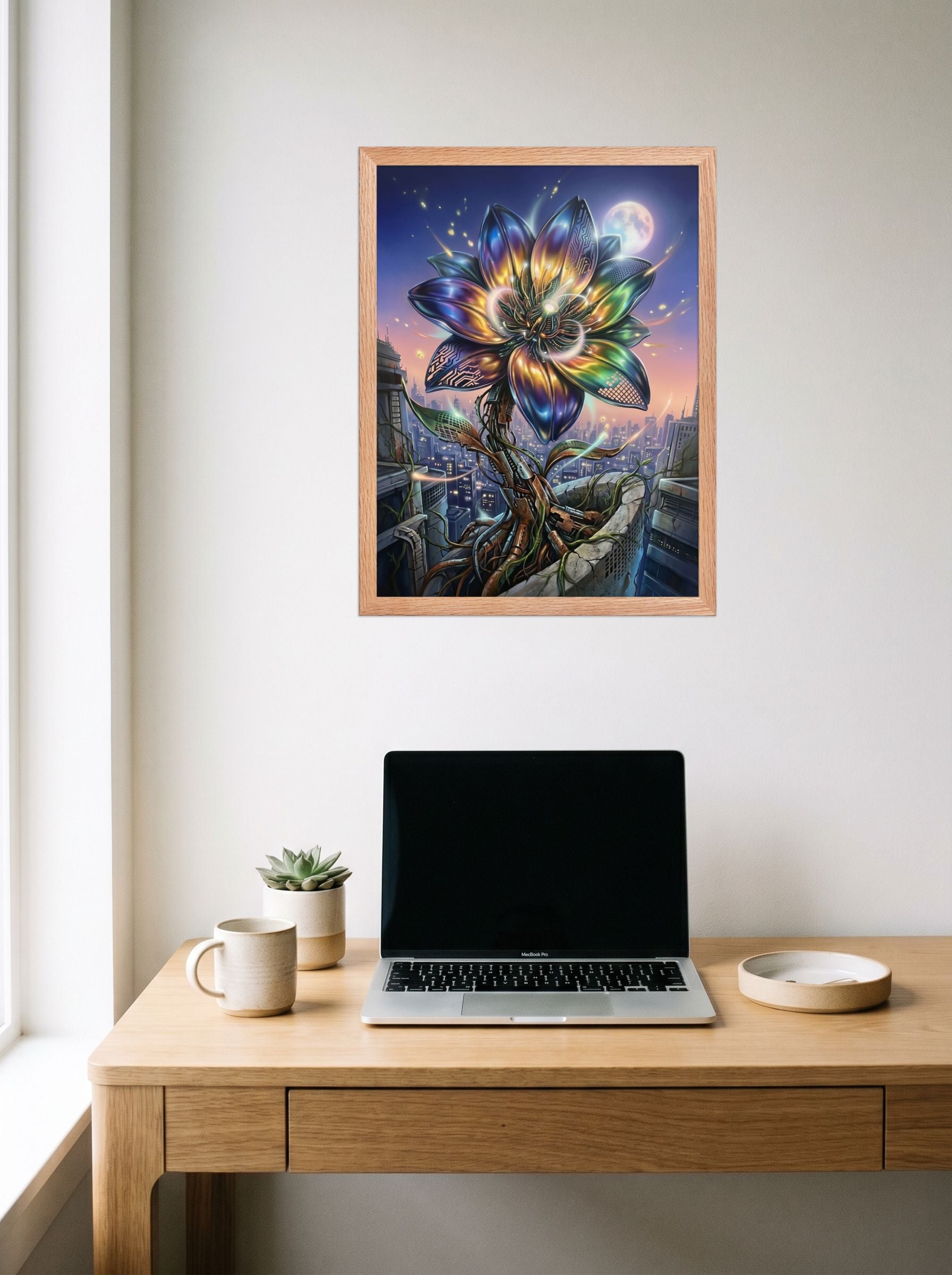 A 18x24 inch redoak framed Digital art print of 'Cybernetic Bloom' hanging above a worktable with a laptop.
