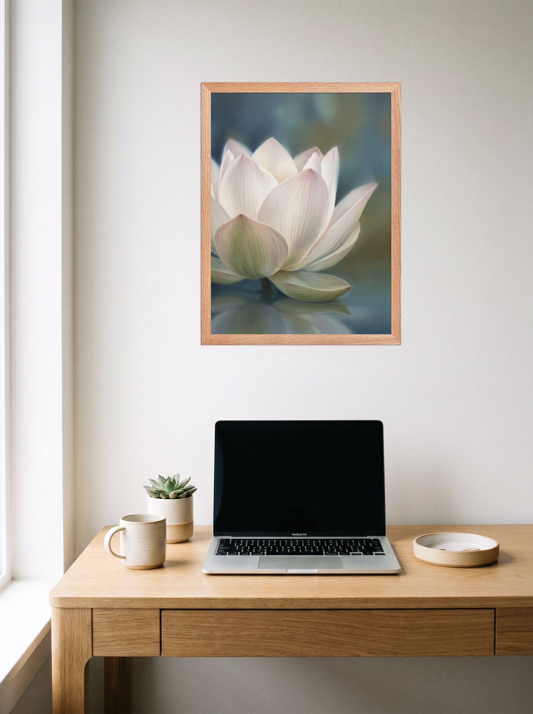 A 18x24 inch redoak framed Realism print of 'Serene Lotus Reflection' hanging above a worktable with a laptop.