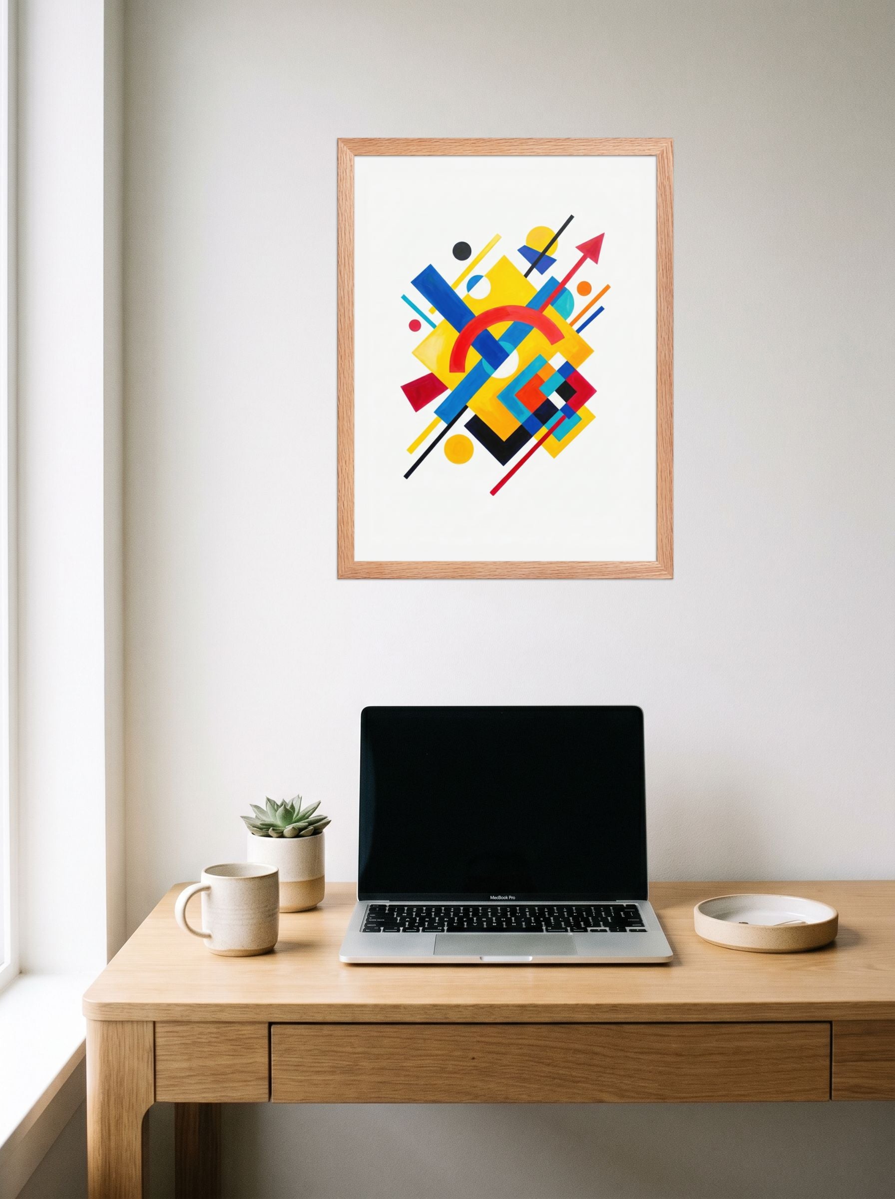 A 18x24 inch redoak framed Suprematism print of 'Directional Energy' hanging above a worktable with a laptop.