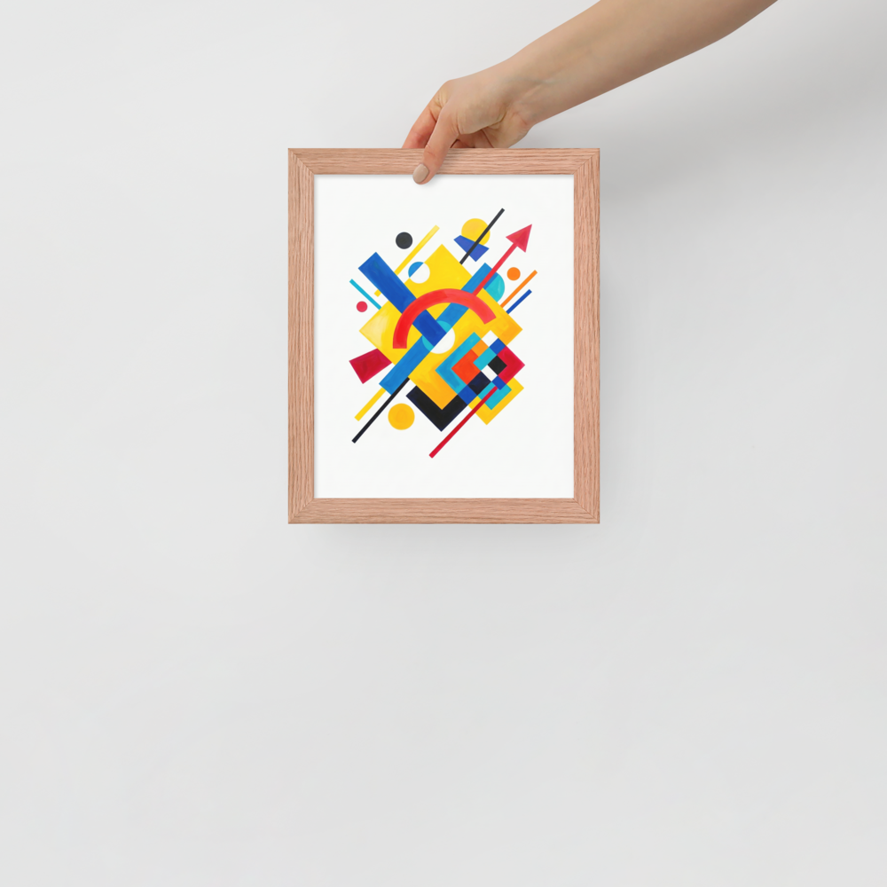 'Directional Energy' — a Suprematism print. A vivid abstract painting featuring overlapping geometric shapes like rectangles, circles, and an arrow in primary colors, a bold addition to a Living Room.