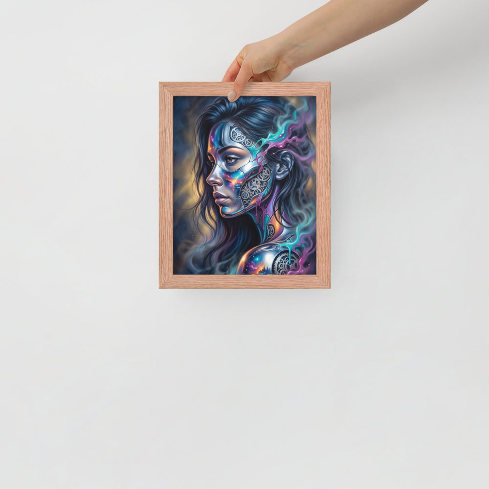 'Cosmic Clockwork' — a Surrealism print. A surreal cyberpunk portrait of a woman with gears and galaxies inside her face for a game room, framed by glowing teal and pink smoke.