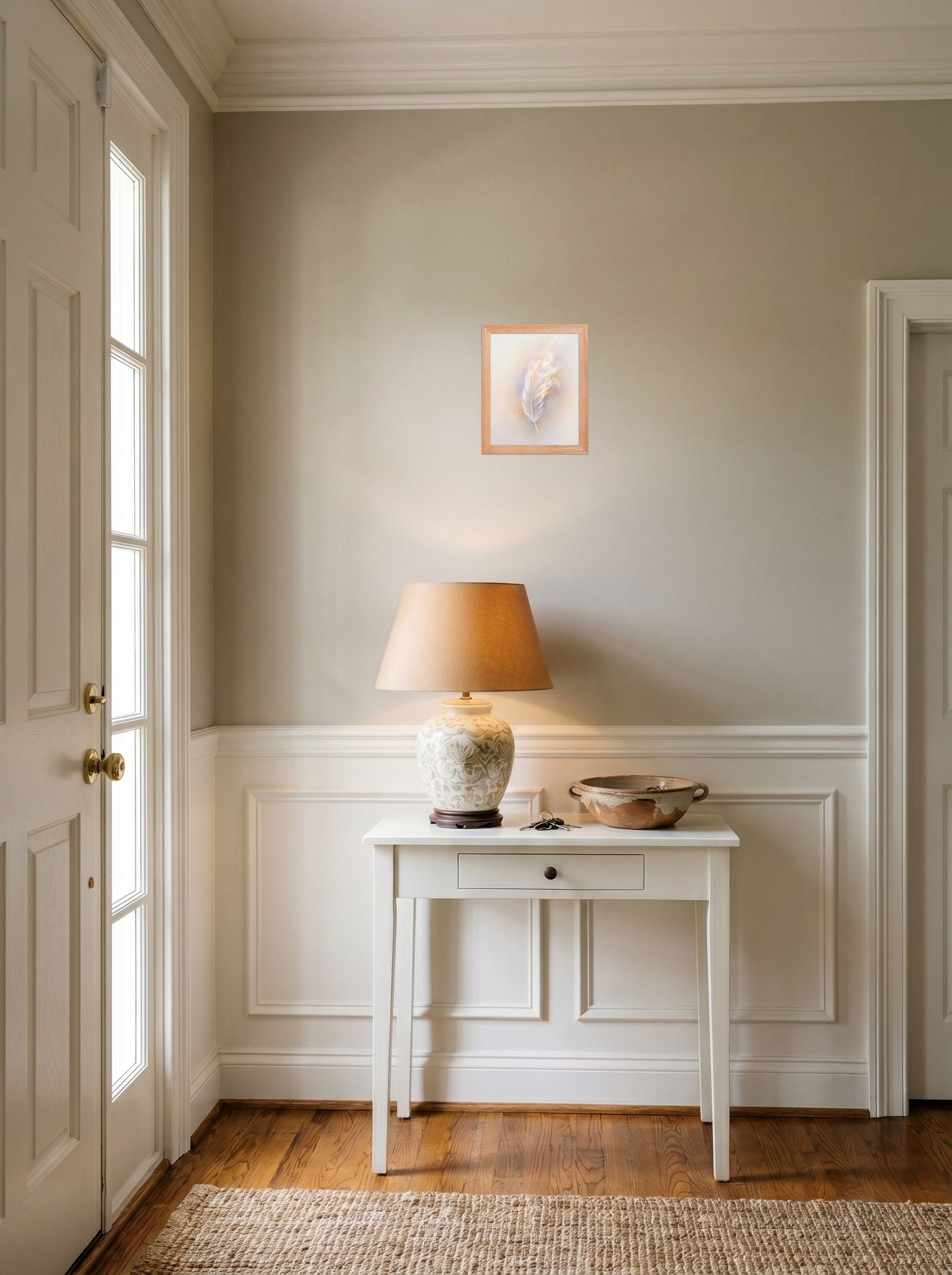 A 8x10 inch redoak framed Abstract art print of 'Ethereal Plume' hanging in an entryway near a console.
