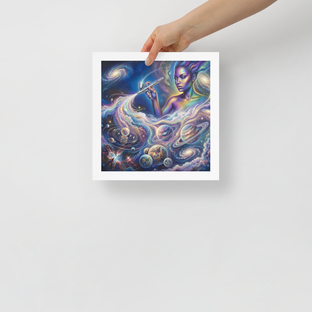 'The Cosmic Painter' — a Space art print. A glowing, ethereal woman painting planets and galaxies into a vibrant cosmic sky using an airbrush, a stunning focal point for a Bedroom.