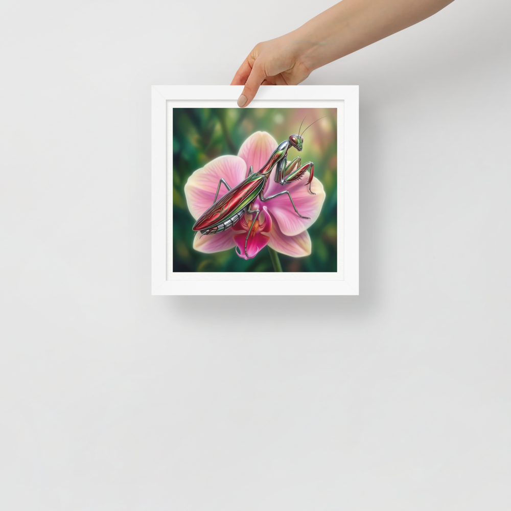 'Chrome Mantis' — a Surrealism print. A vibrant illustration of a metallic praying mantis painted like a hot rod in cherry red and chrome sitting on a pink orchid, perfect for a studio.