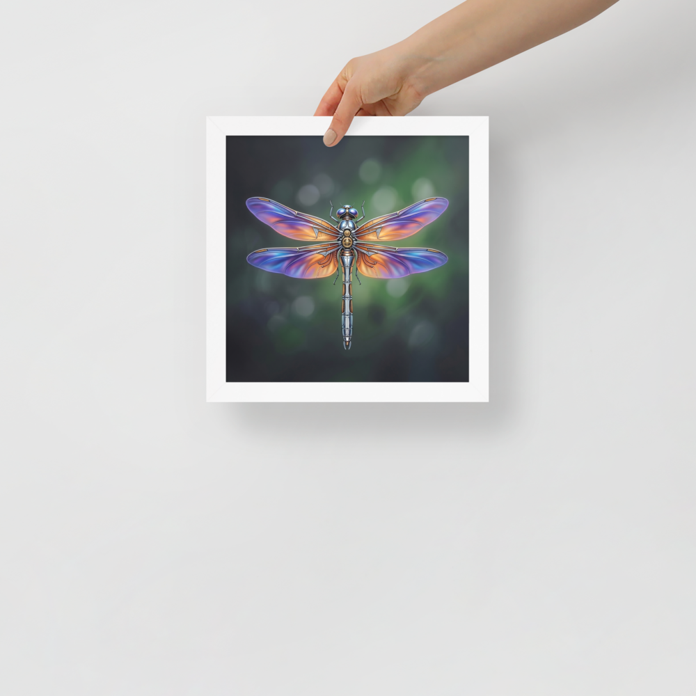 'Gears of the Dragonfly' — a Surrealism print. A highly detailed mechanical dragonfly with glowing purple and orange wings and brass gears on its back, set against a dark green background, perfect for a Living Room.