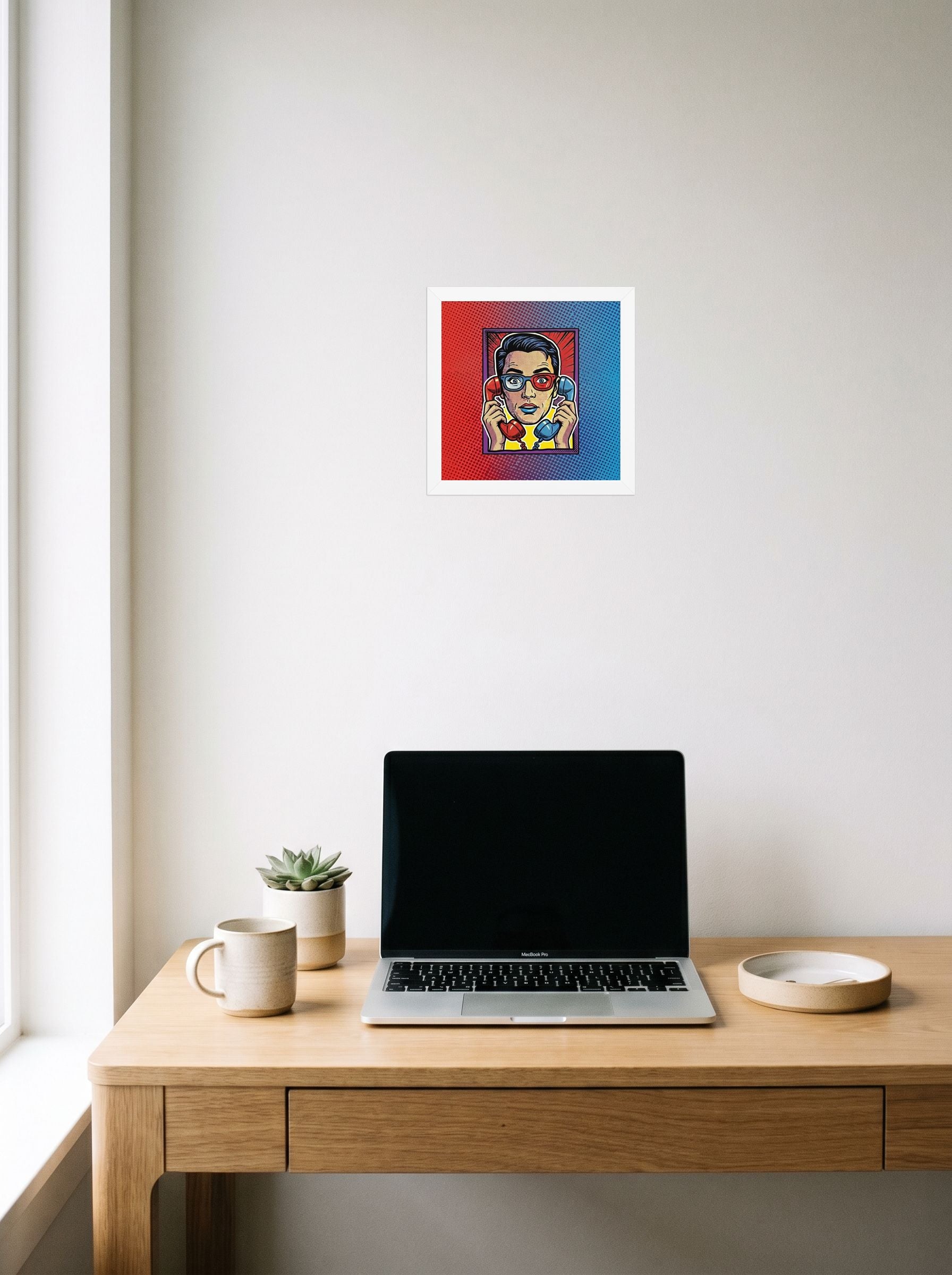 A 10x10 inch white framed Pop art print of 'Bipartisan Static' hanging above a worktable with a laptop.