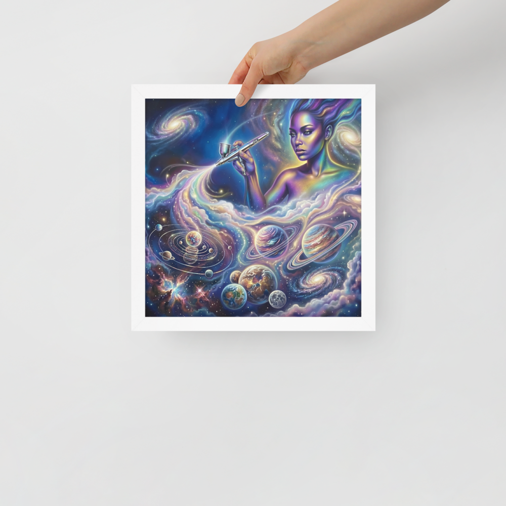 'The Cosmic Painter' — a Space art print. A glowing, ethereal woman painting planets and galaxies into a vibrant cosmic sky using an airbrush, a stunning focal point for a Bedroom.