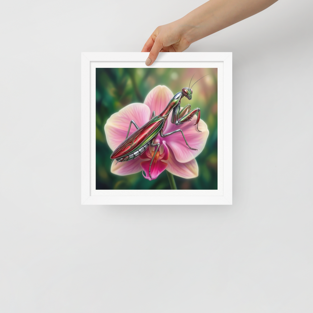 'Chrome Mantis' — a Surrealism print. A vibrant illustration of a metallic praying mantis painted like a hot rod in cherry red and chrome sitting on a pink orchid, perfect for a studio.