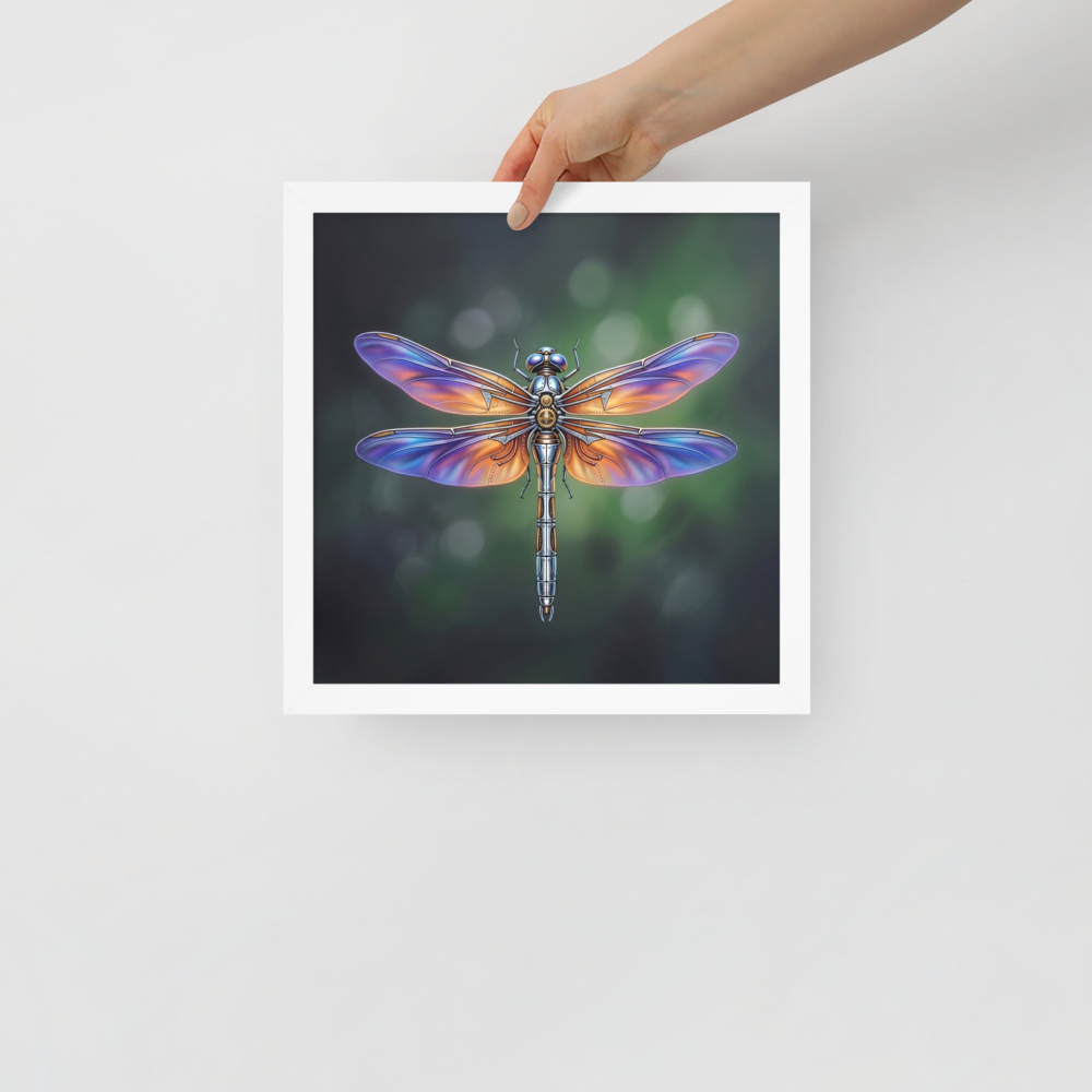 'Gears of the Dragonfly' — a Surrealism print. A highly detailed mechanical dragonfly with glowing purple and orange wings and brass gears on its back, set against a dark green background, perfect for a Living Room.